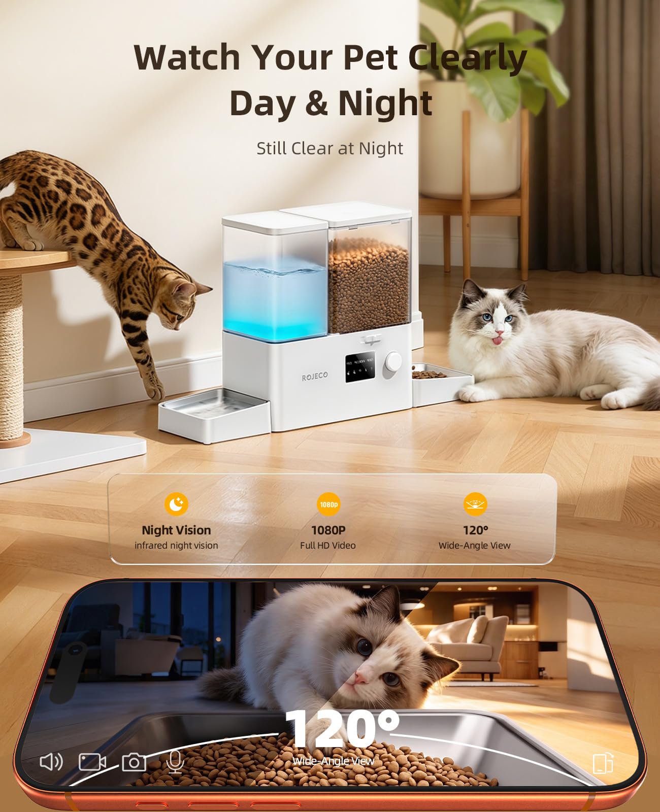 ROJECO 8,5L Comedero Gatos Automático y Fuente de Agua 2-en-1 con Cámara
