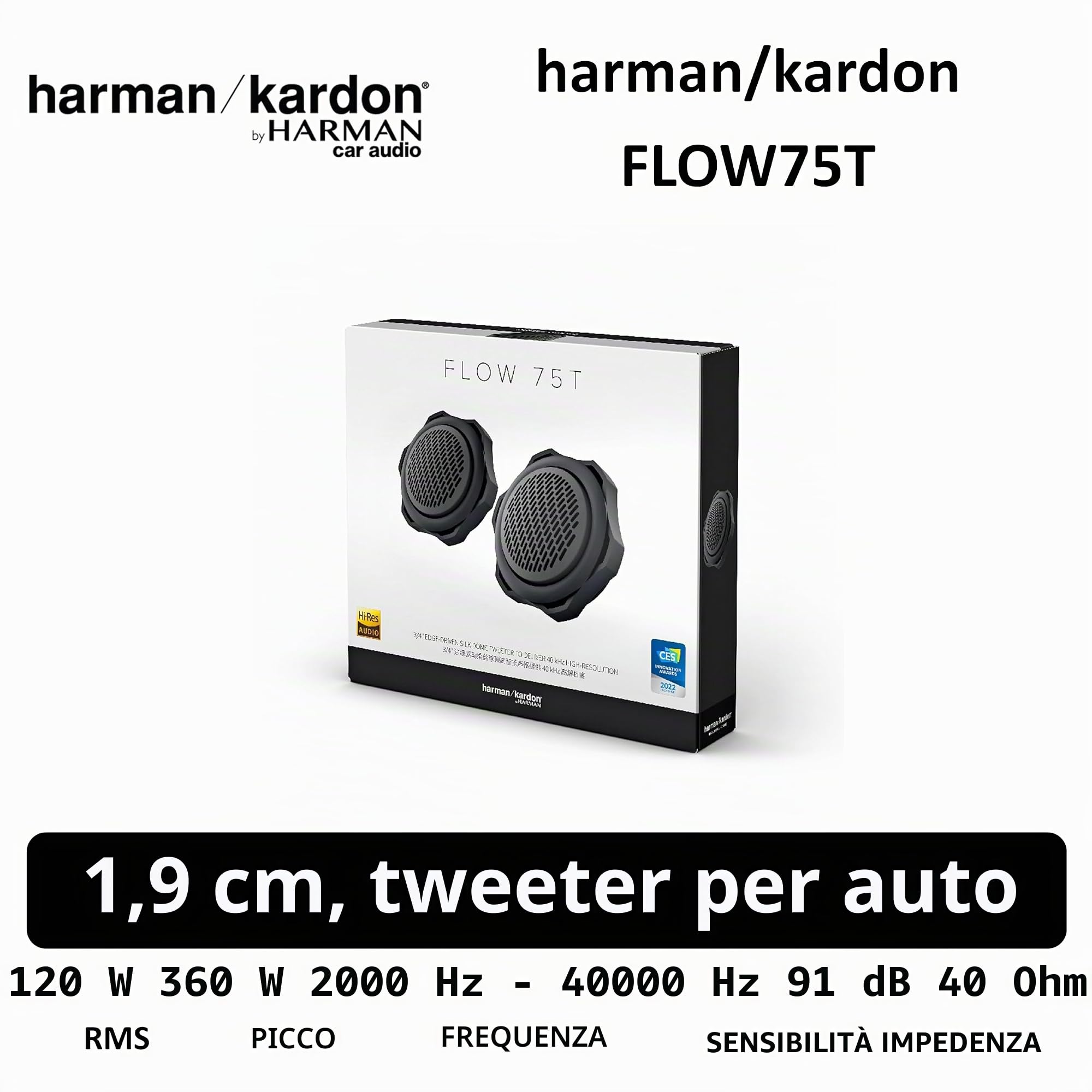 Harman Kardon FLOW 75T Tweeter a Cupola in Seta 19mm 3/4 Pollici 120W RMS Edge-driven Audio Alta Risoluzione 40kHz Impedenza 4 Ohm per Prestazioni Alti Smooth e Cristalline in Auto