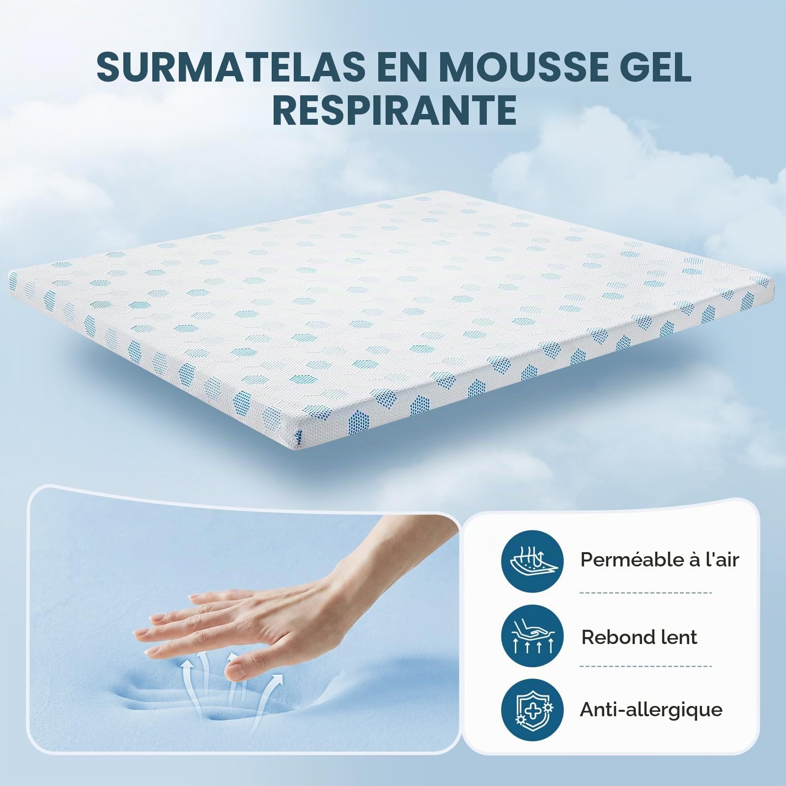 Surmatelas 160x200 Mousse mémoire Forme Gel 7cm Respirant 2 Personnes