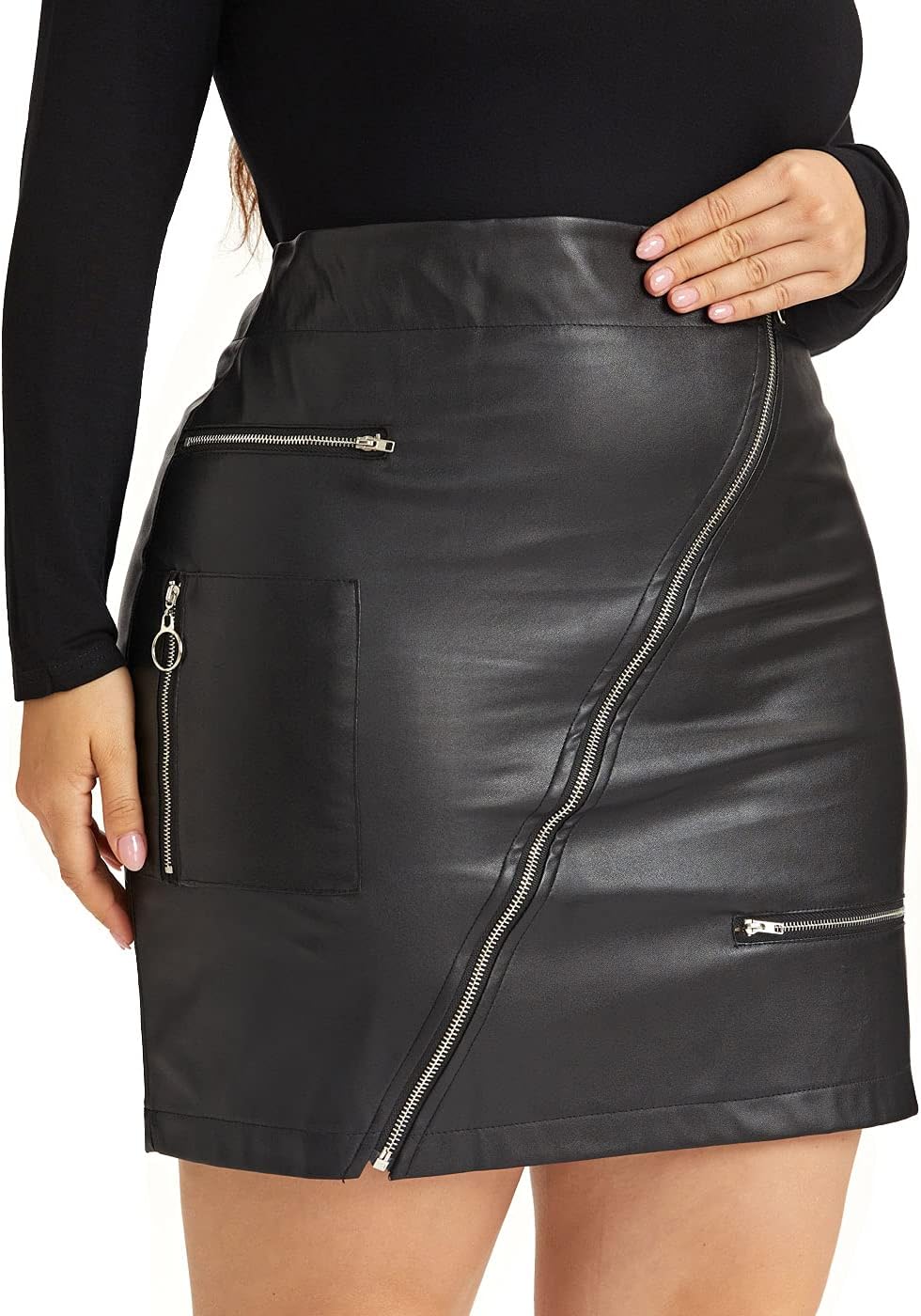 PYL Women’s Plus Size Zipper PU Faux Leather Skirt Short High Waist Mini Bodycon - Image 3