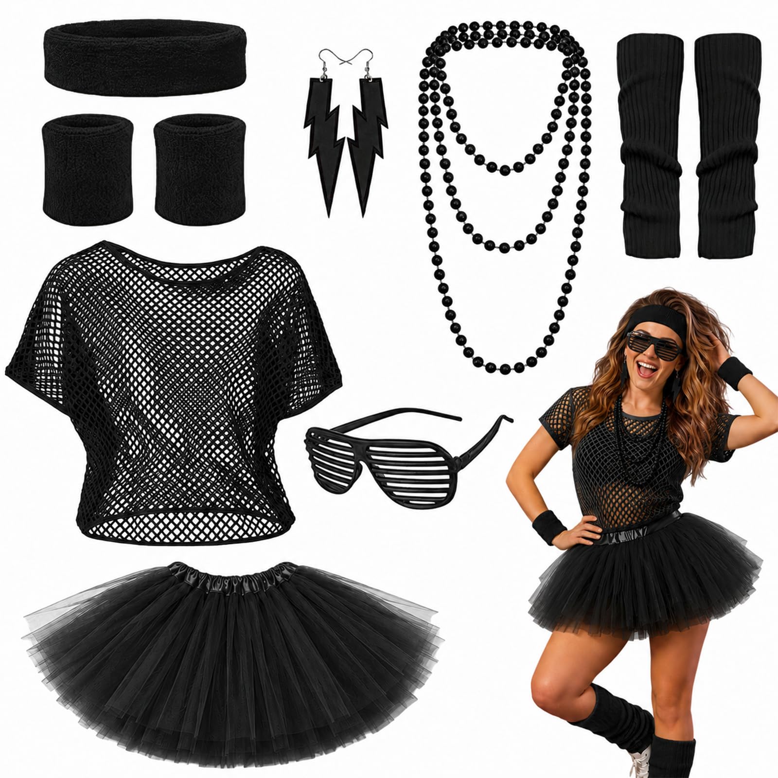 BORISCA 11PCS 80s Fancy Dress for Women Black Neon 80s Accessories Set