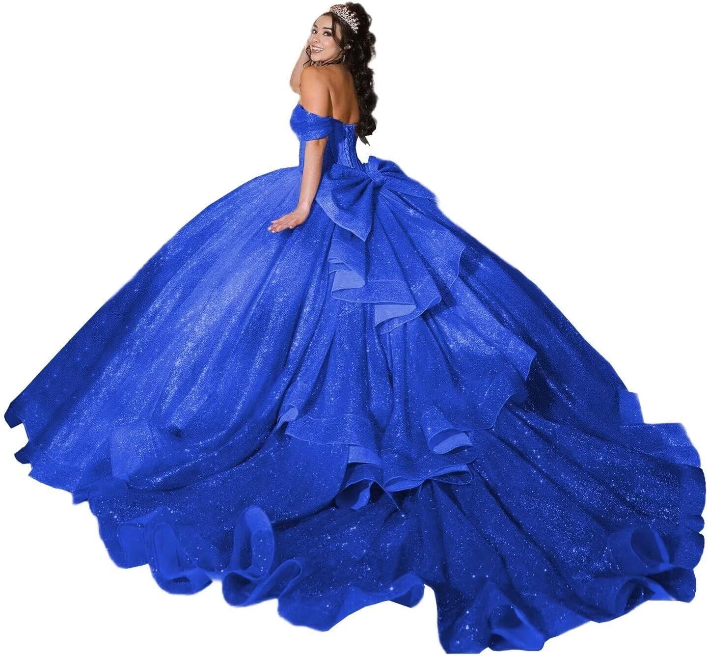 Sparkly Tulle Quinceanera Dresses Puffy Off Shoulder Prom Dresses with Train Long Sweet 15 Dresses for Quinceanera NG25