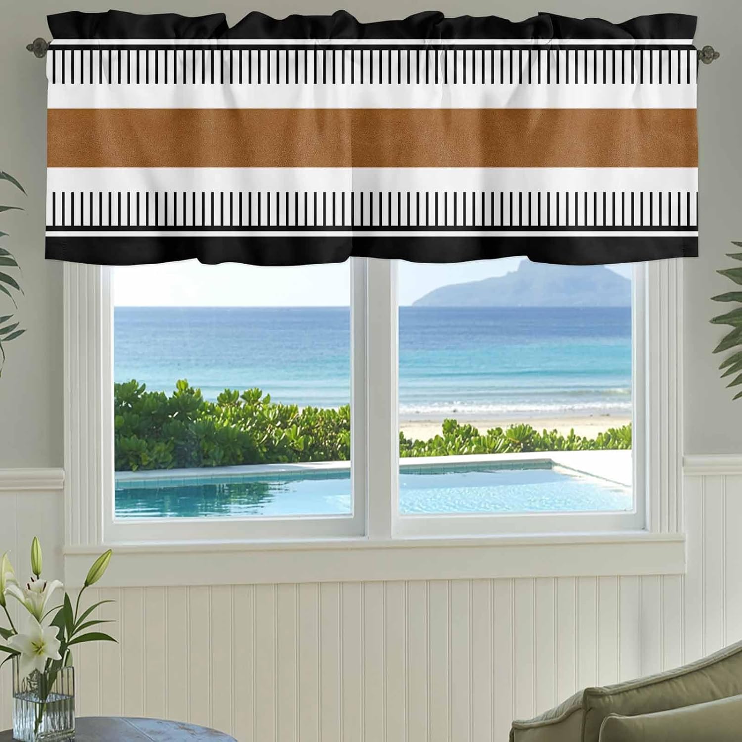 Vintage Farmhouse Valance Curtain Leather Brown Black Texture Stripes Window Valances Rod Pocket Short Curtains Window Treatments for Kitchen Bedroom Bathroom Laundry 60" x 18"