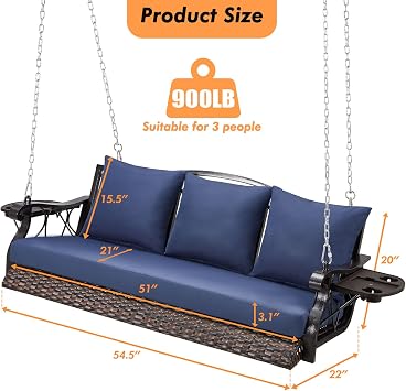 ZZW 3-Person Wicker Porch Swing Chair Heavy Duty 900 LBS Outdoor Rattan Patio Swing Chair w/Cup-Holder & Steel Chains Hanging Bench Porch Swing Cushions for Deck & Backyard & Garden