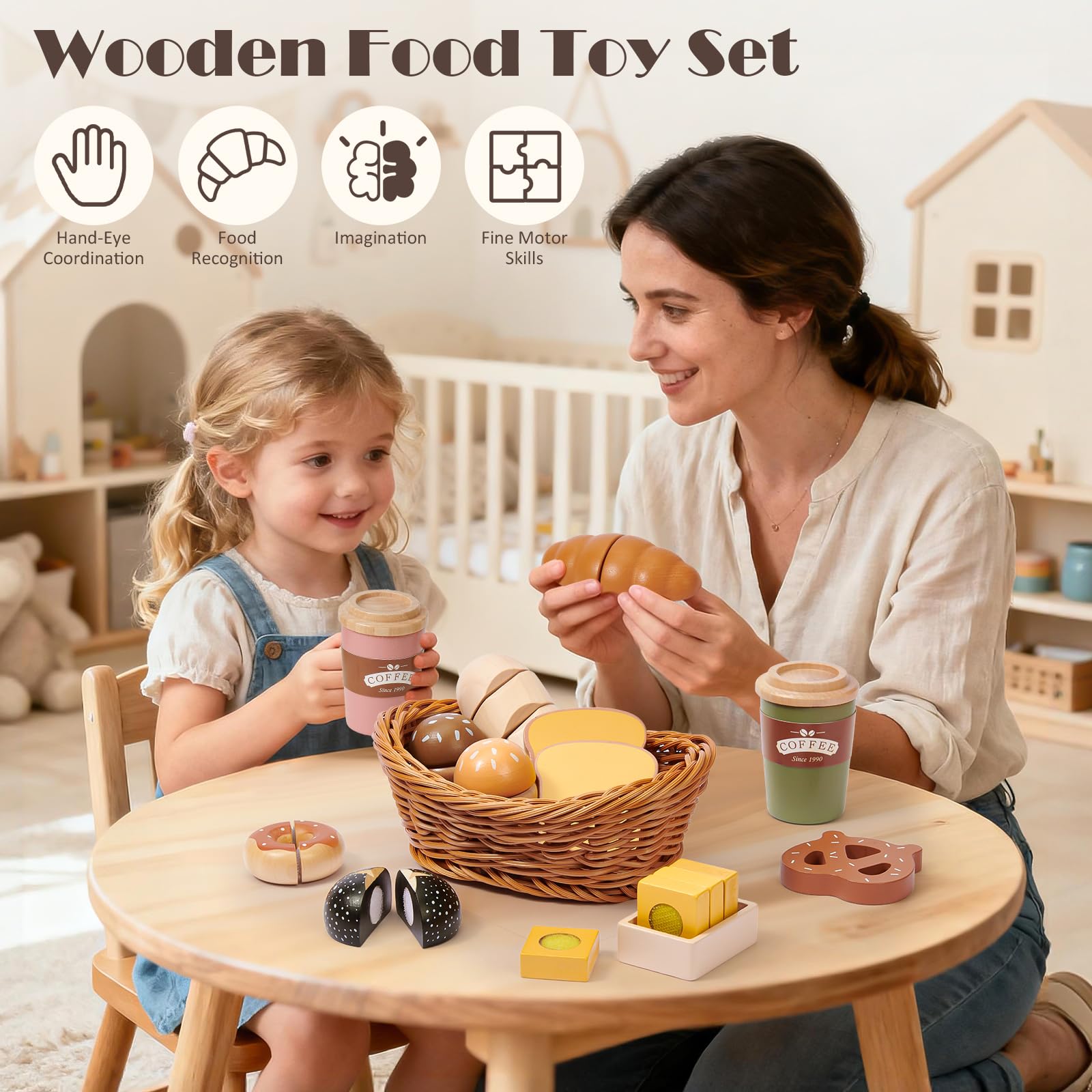 Atoylink Accesorios de Cocina para Niños de Madera, Juguetes de Panadería con Cesta y Pan, Accesorios de Cocina, Juguetes de Madera, Regalo para Niños y Niñas de 3 4 5 6 Años