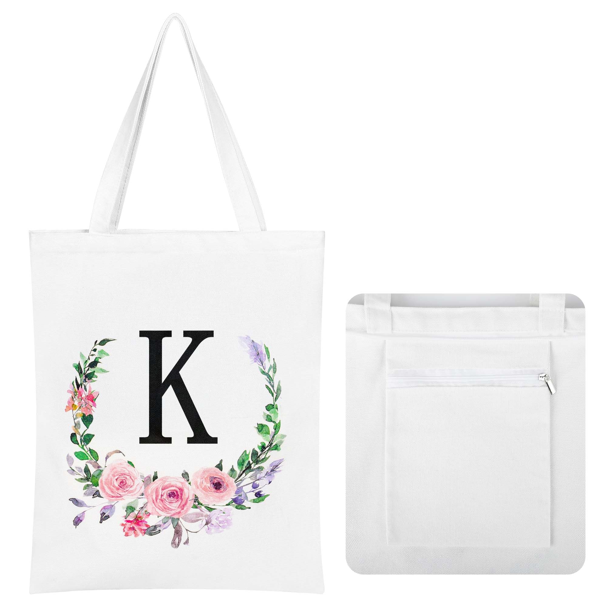 JNSMFC Floral Initial Canvas Tote Bag for Women,Personalized Letter Aesthetic Tote Bag with Zipper and Pocket