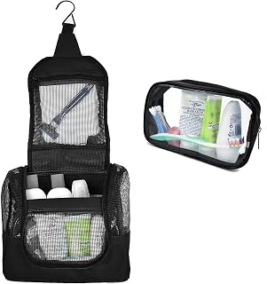 The Fine Living Co. Portable Hanging Shower Caddy Organizer Bag (Free Toiletries Case+Metal Hook) Quick Dry Mesh Shower Caddy Tote Bag Pouch For Bathroom College Dorm Camp Gym Camping 10”x4”x9”(Black)