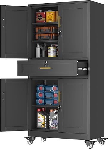 Miniatura 12 de Armario de almacenamiento de garaje de metal de 71 pulgadas de alto con ruedas, archivadores de acero con 2 puertas y 4 estantes ajustables para