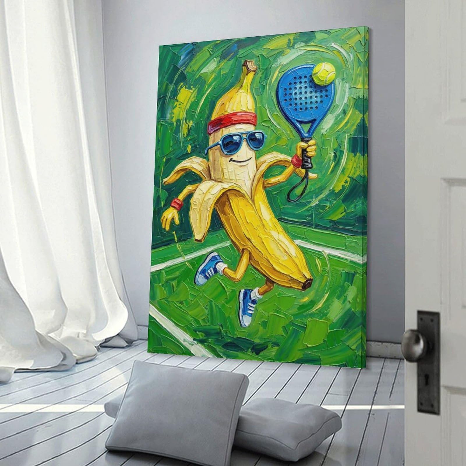 Junmoney Frame-Style-4 Decorative Wall Artwork Banana Playing Tennis Painting, 24X36inch(60X90cm), For Sofa Walls, Lounge Or Home Corners, Modern Wall Decor For Cosy Interiors