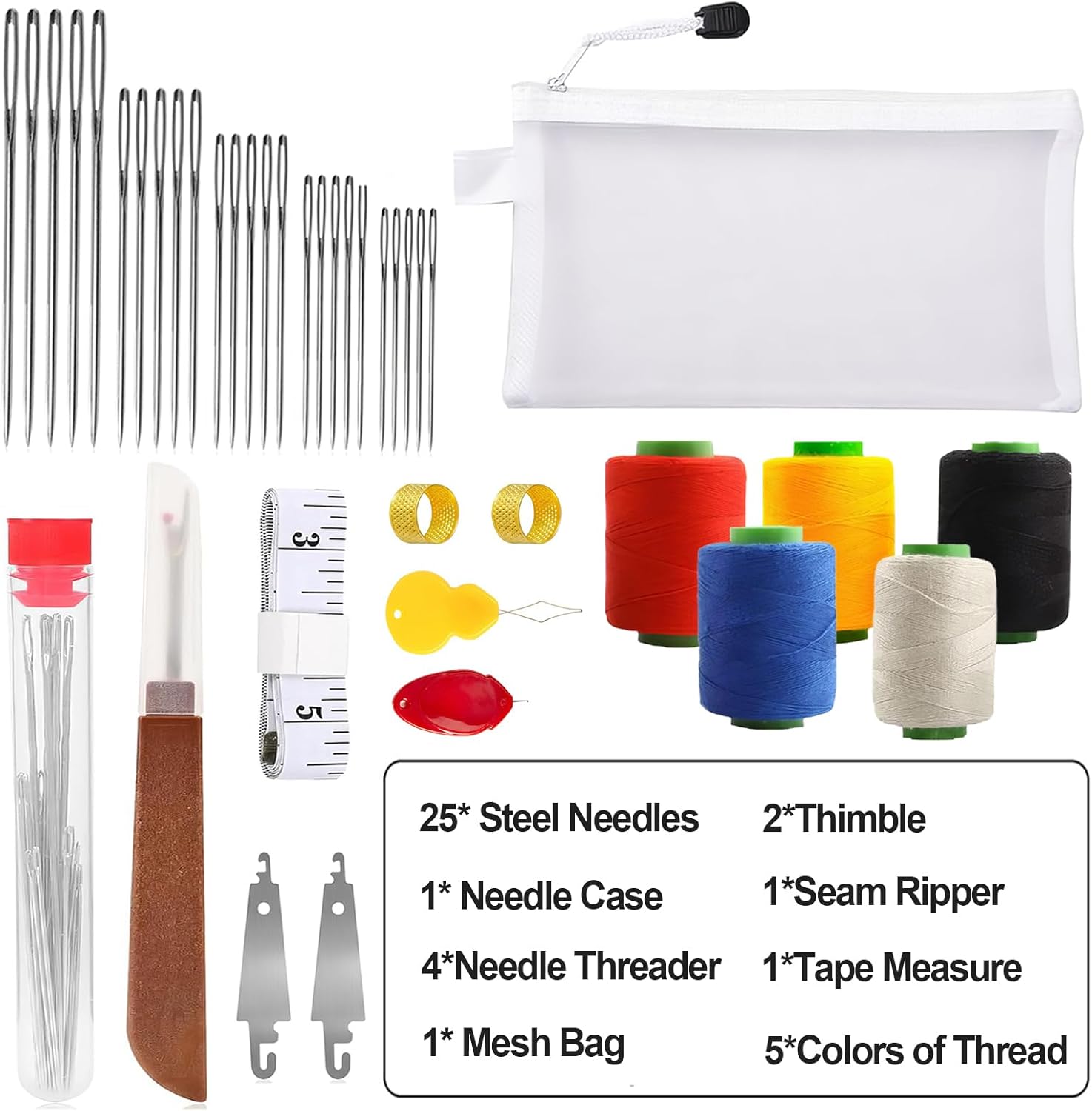 40Pcs Big Eye Steel Sewing Needles Kit, Stainless Steel Needles for Hand Sewing with Needle Threaders, Seam Ripper, Threads, Thimbles and DIY Crafting Tools - Image 3