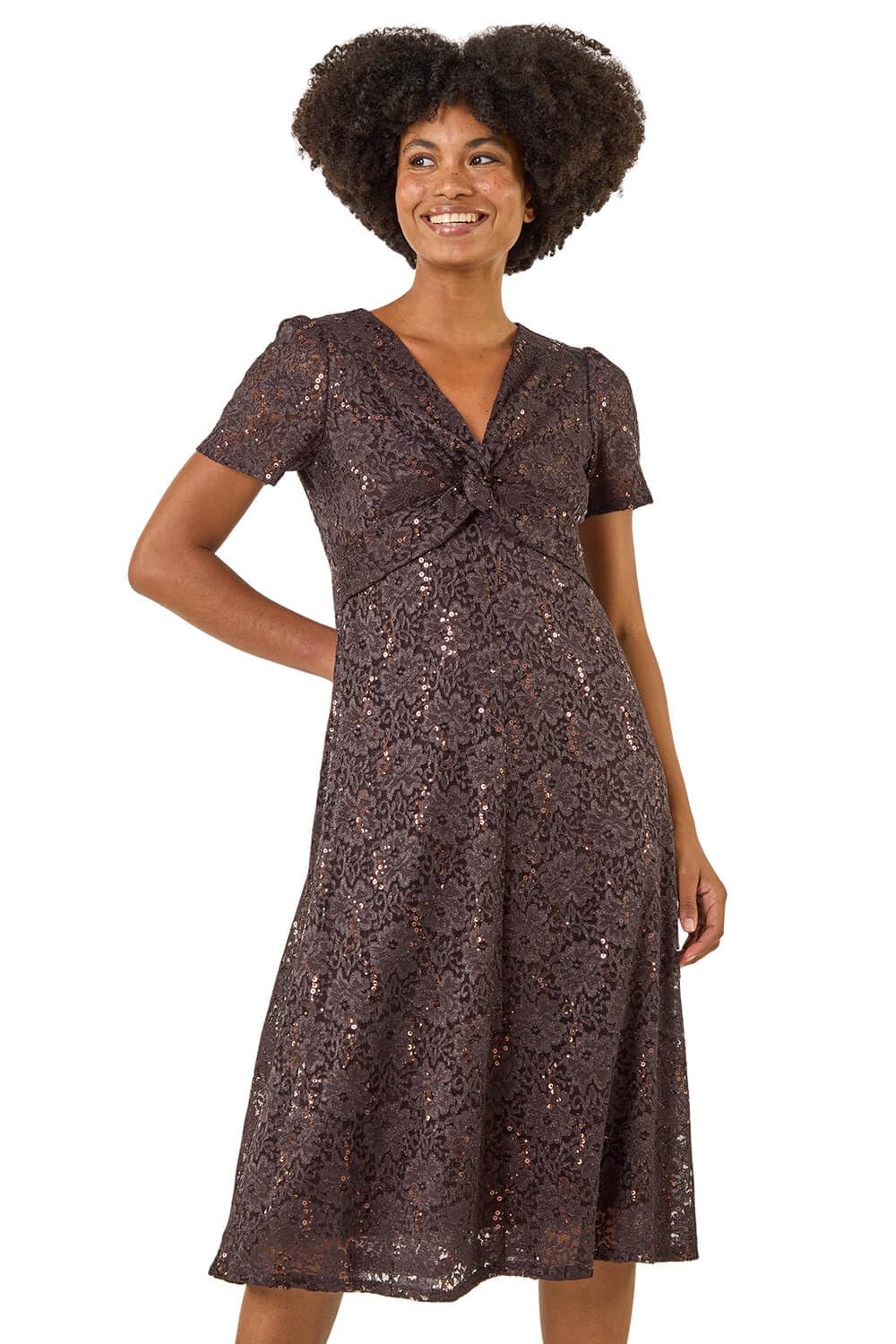 Roman Women's Chocolate Sequin Lace Twist Front Midi Dress In | : Size 10