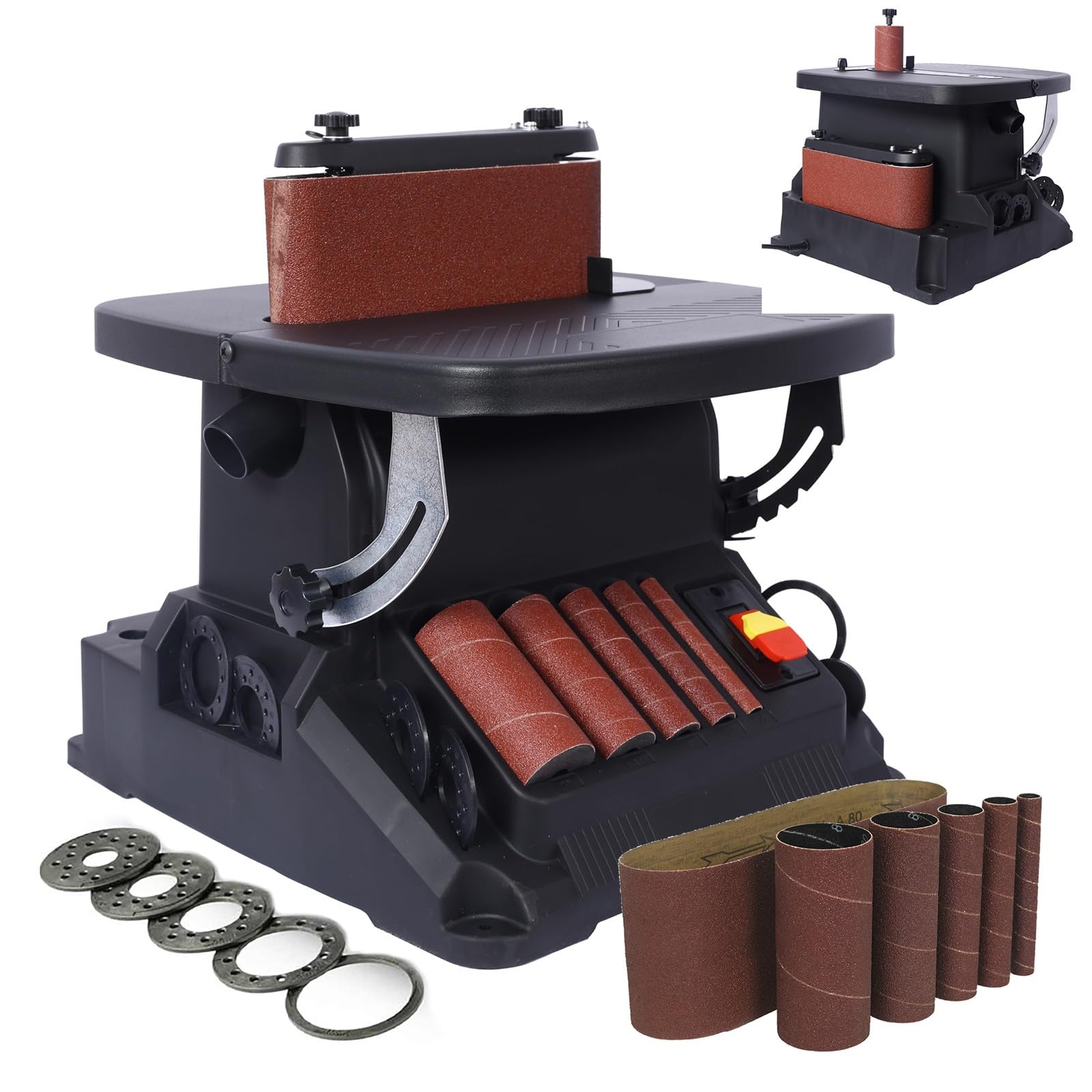 Lijadora combinada 2 en 1 con husillo oscilante vertical y lijadora de banda, lijadora de bobina para carpintería con 5 mangas de lijado, mesa inclinable a 45°, para contornos y curvas