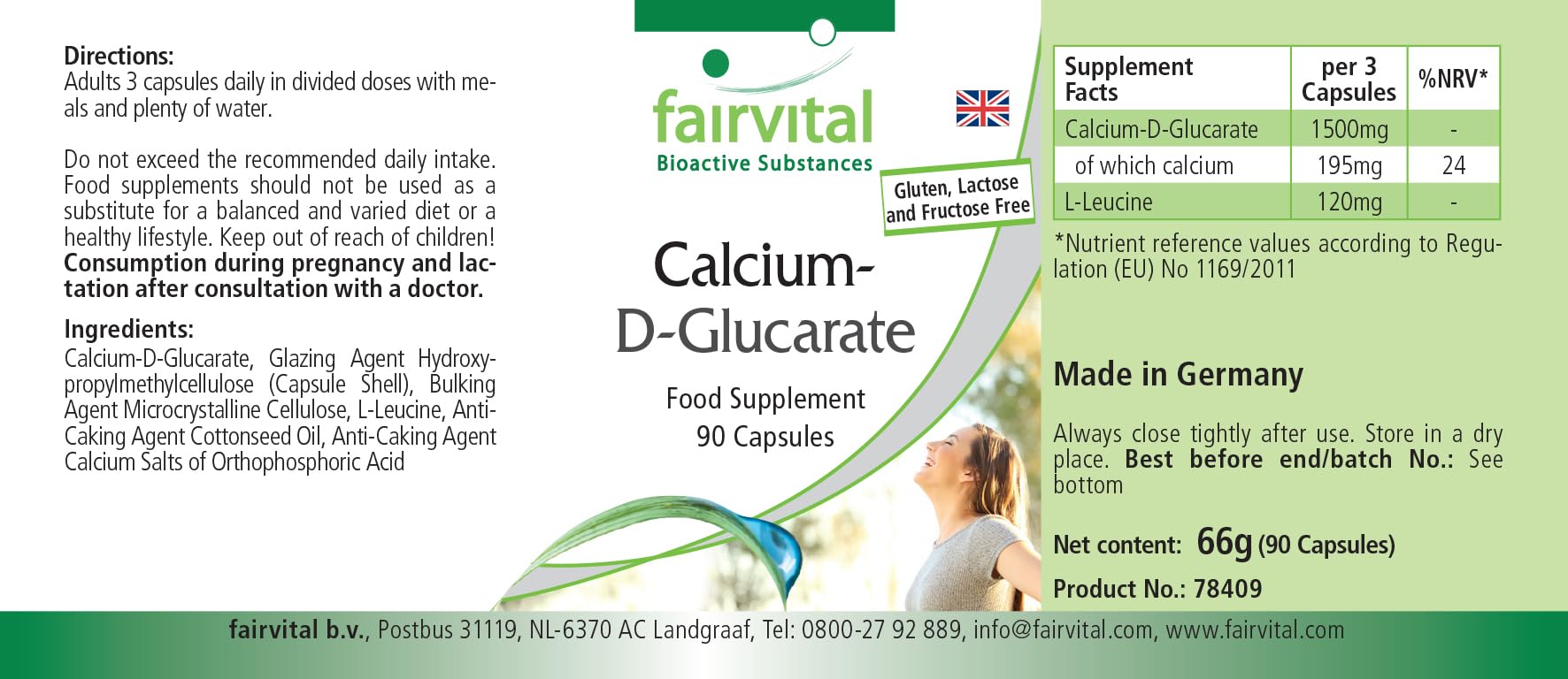 fairvital Glucarato de calcio, 90 cápsulas, 1500mg, de los cuales 195mg son calcio por dosis diaria, calidad certificada y alta dosis, 100% vegano, fabricado en Alemania