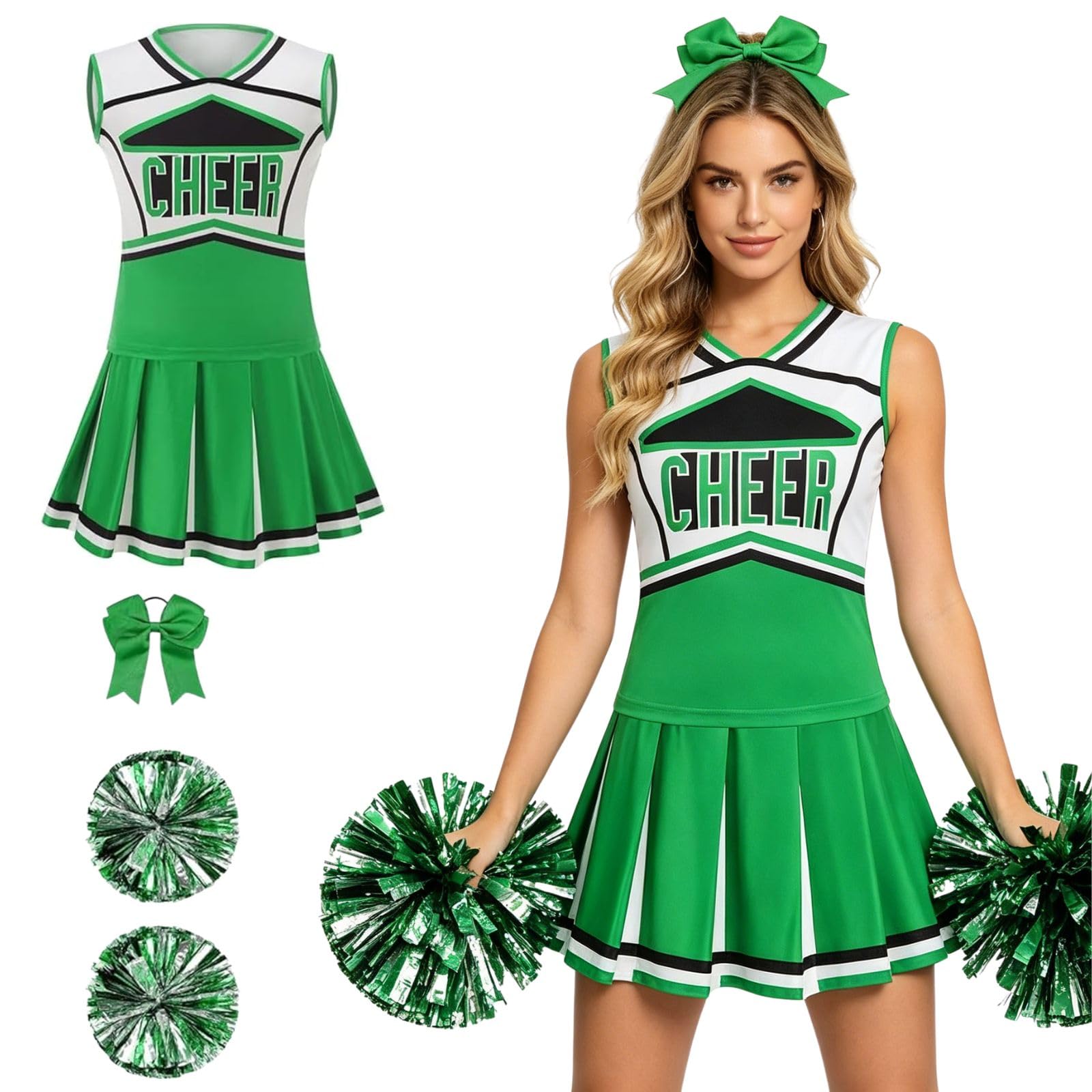 HAPNBCELE Womens Cheerleader Costume, Sleeveless Cheer Uniform with Pom Poms Cheerleading Outfit Halloween Sports Events (Green, L)