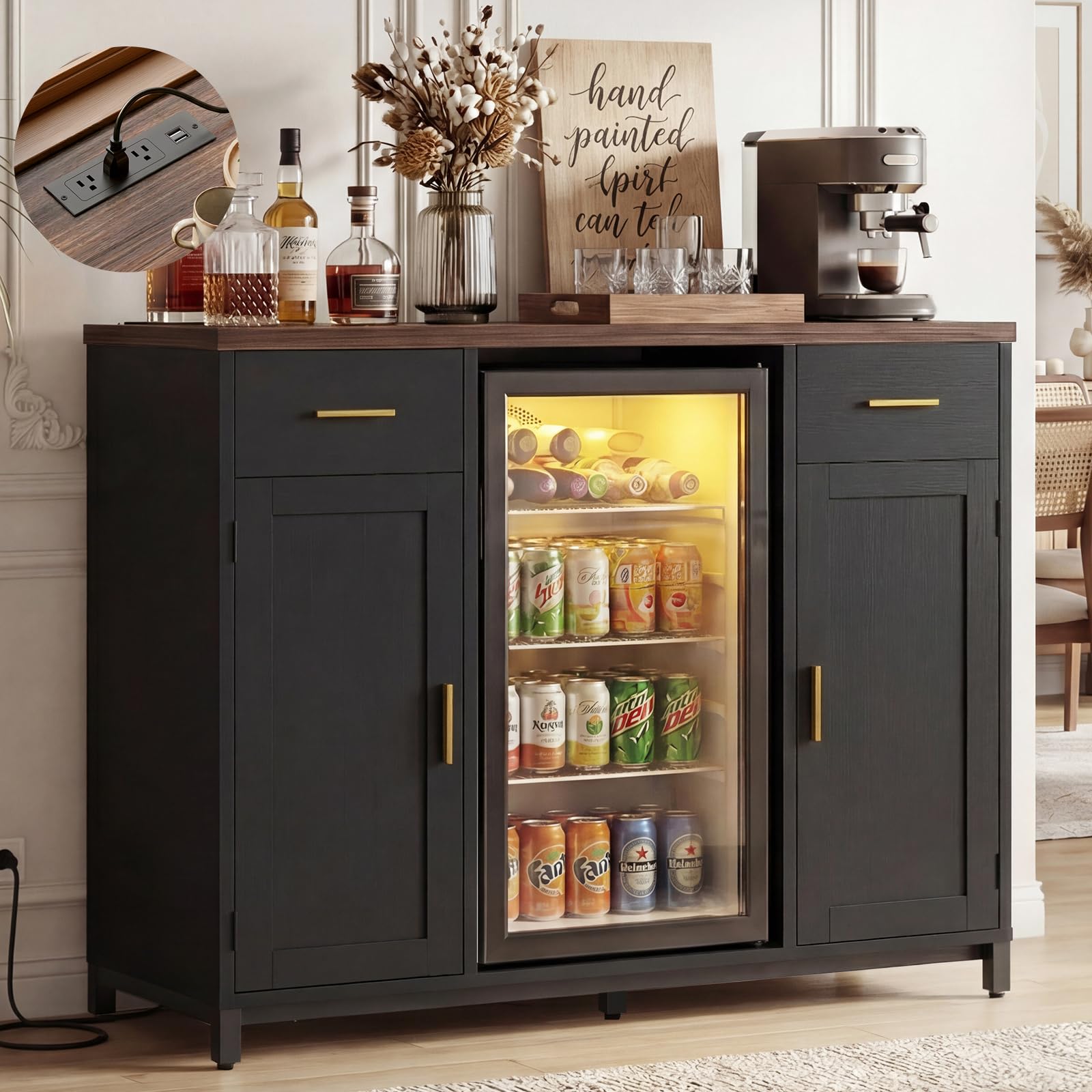 Unikito Coffee Bar Cabinet with Mini Fridge Space &amp; Power Outlet, Black