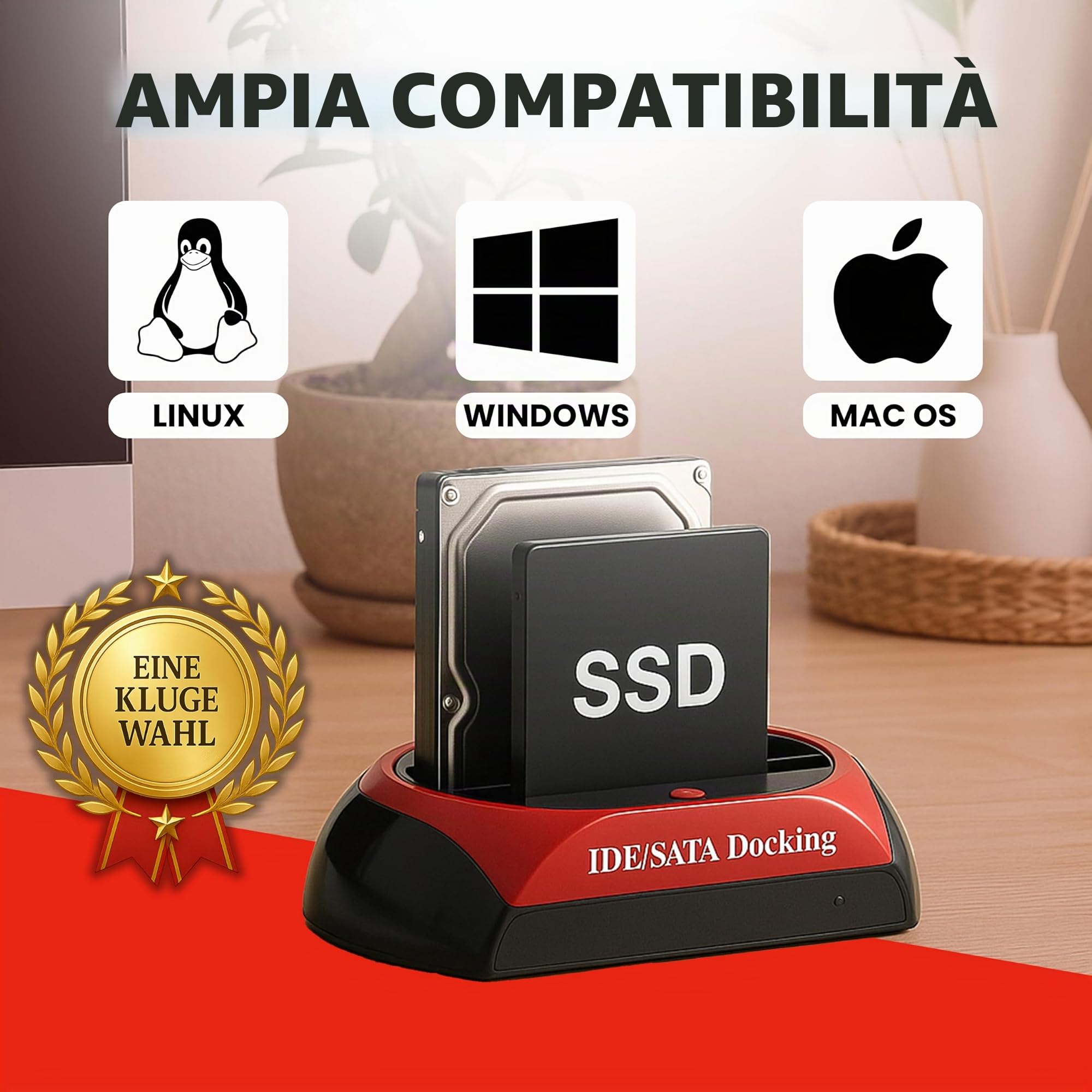 Retoo Docking Station SSD/HDD 2.5 o 3.5 Pollici, USB a IDE SATA I/II/III Dual-Bay Hard Disk, Funzione Clonazione per Dischi Rigidi Offline, nero