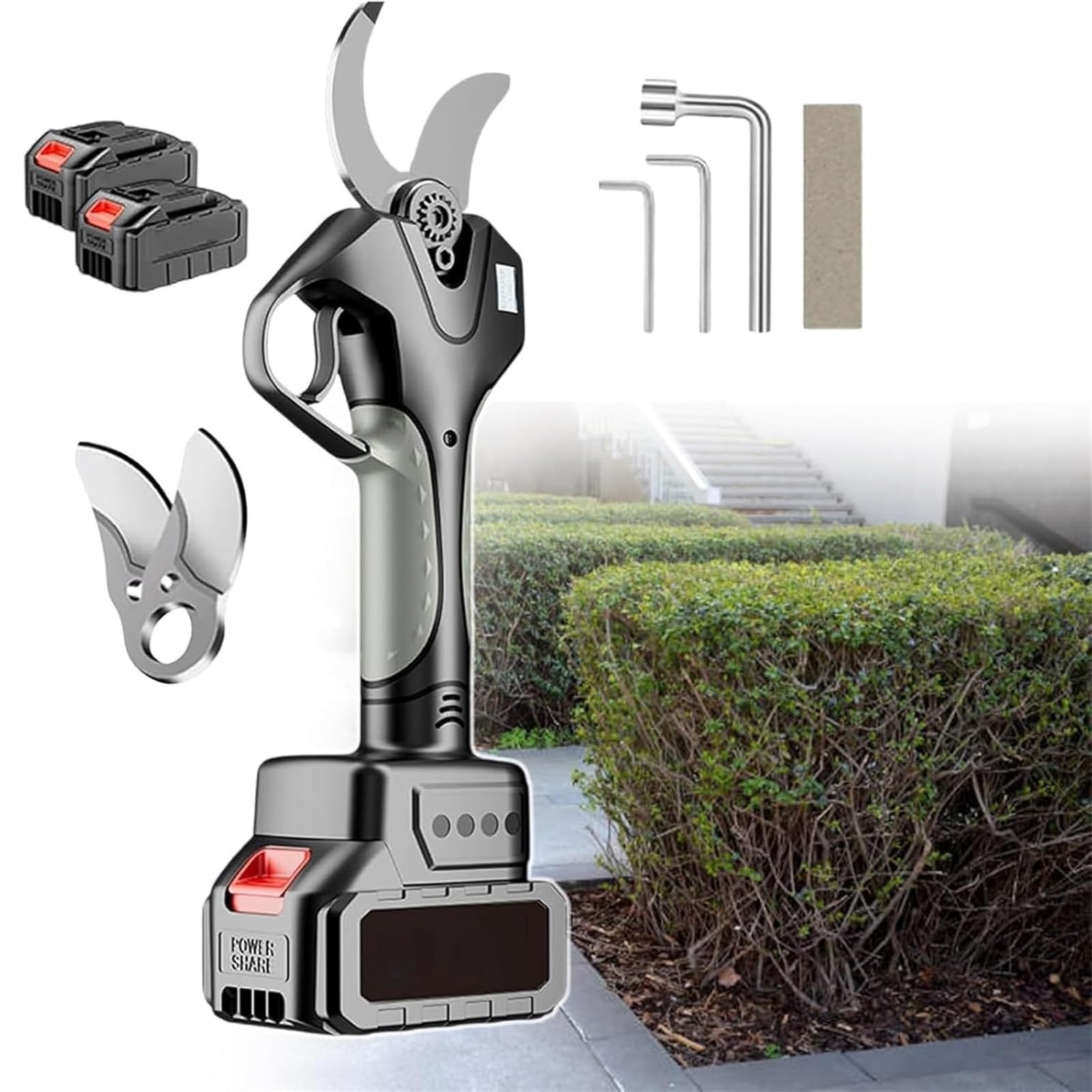 Tijeras Podar Eléctricas Con Batería Litio Y Mango Largo 2.1m - Corta Ramas De 50mm, Cuchillas SK5 Reforzadas, Ultraligeras 0.8kg Para Jardineros(2 Battery)