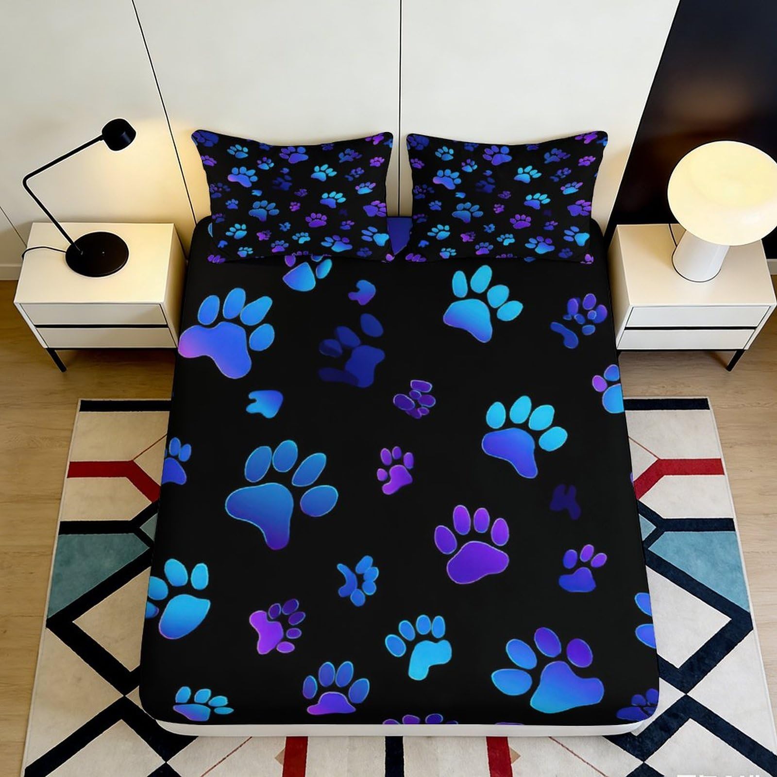 3D Printing Paw Pattern Fitted Sheet Microfiber Deep Pocket Bedroom Bedding Pet Style Mattress Fitted Cover Elastic Hem 140x200x25cm