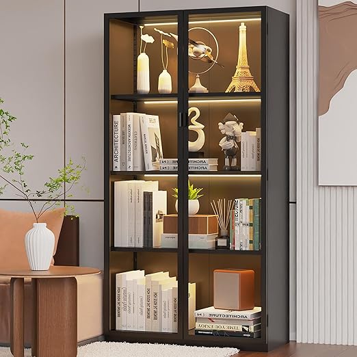 Display Cabinet with Glass Doors,Tall Glass Display Cabinet with LED Lights,Display Cabinets for Collectibles with 3 Adjustable Shelves for Living Room,Bedroom,Office Assemble Required