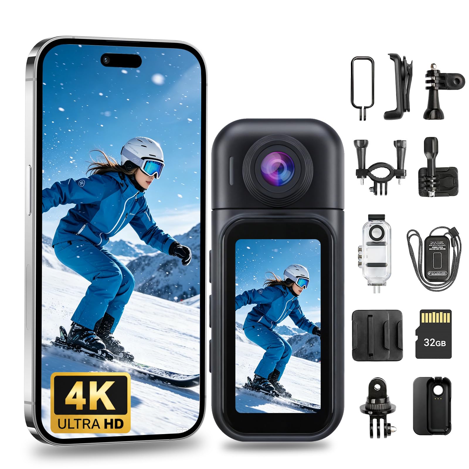 Mini Body Camera 4K with Charging Case, Wearable Thumb Action Camera, 32GB