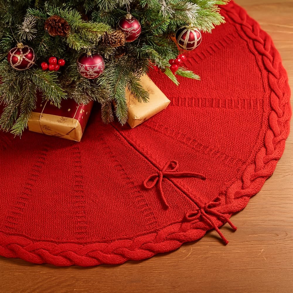 36 inch red knitted christmas tree skirt, chunky cable knit with braided scalloped edge, perfect for xmas holiday decorations red large