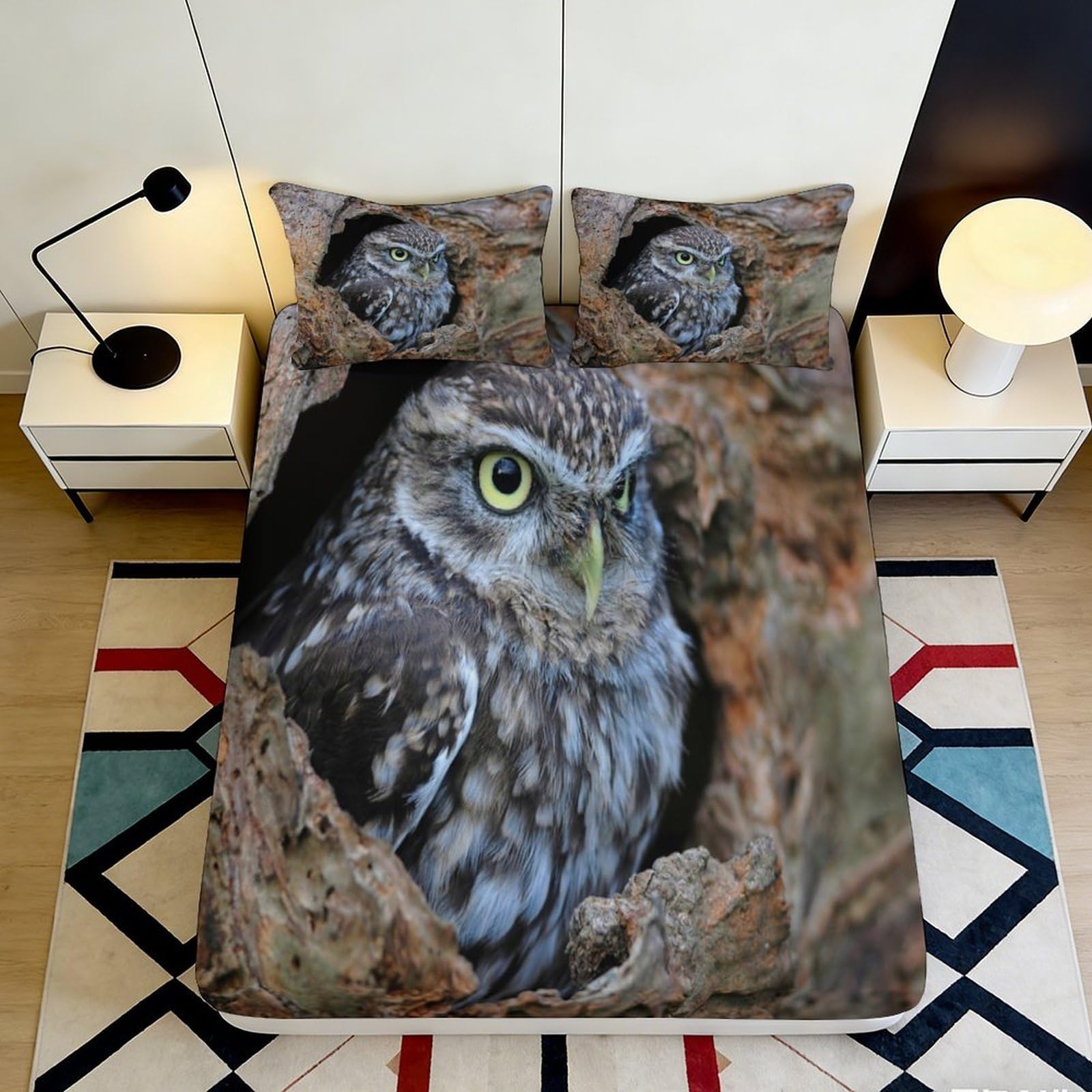 3D Printed Owl Pattern Fitted Sheet Microfiber Deep Pocket Non-Slip Owl Mattress Fitted Cover for Bedroom Bedding Adults 180x200x25cm