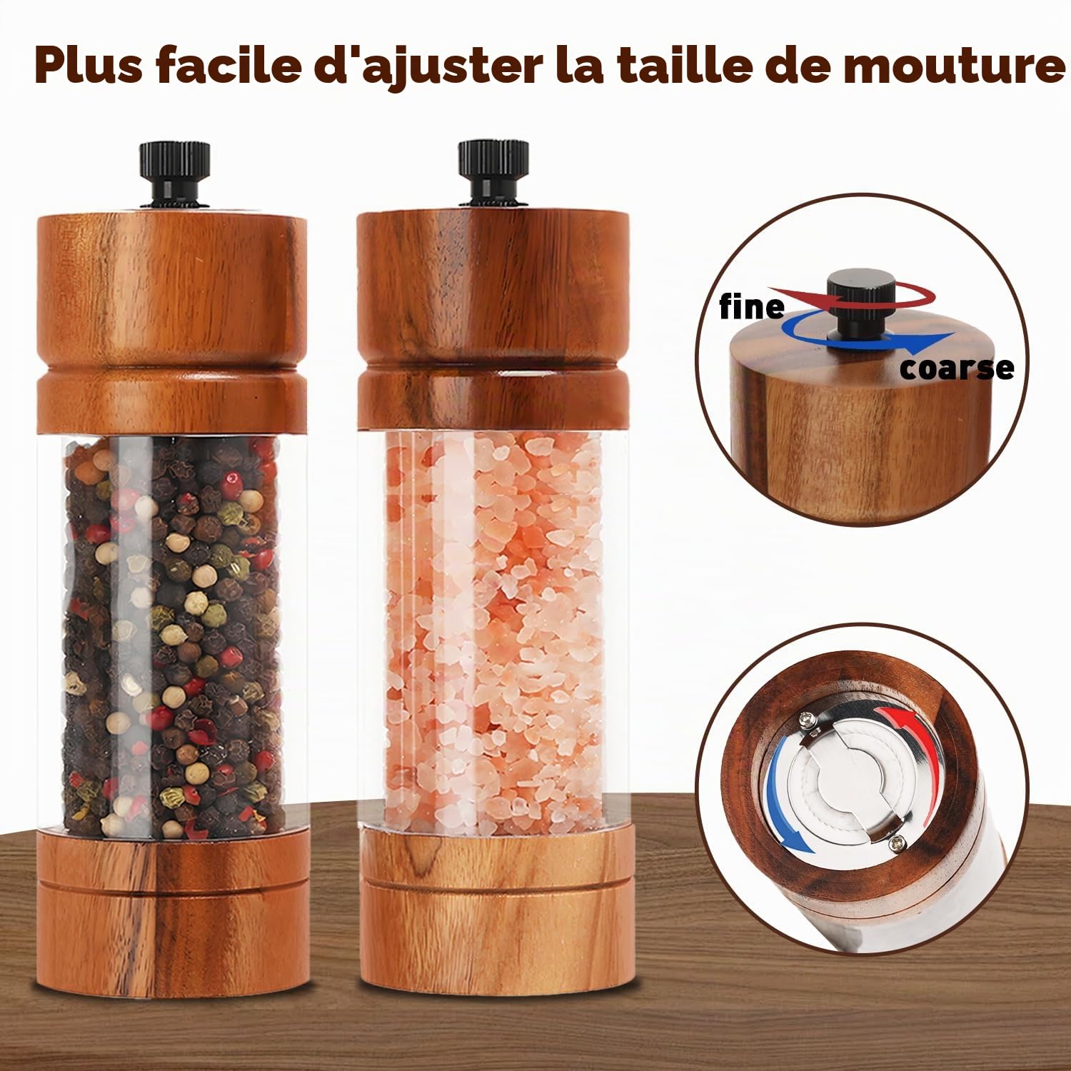 Moulins à Poivre et Sel, Salieres et Poivrieres Bois, Royeur à Bois Massif avec Moulin à Céramique Ajustable, Lot de 2, Manuel Moulins à Épices