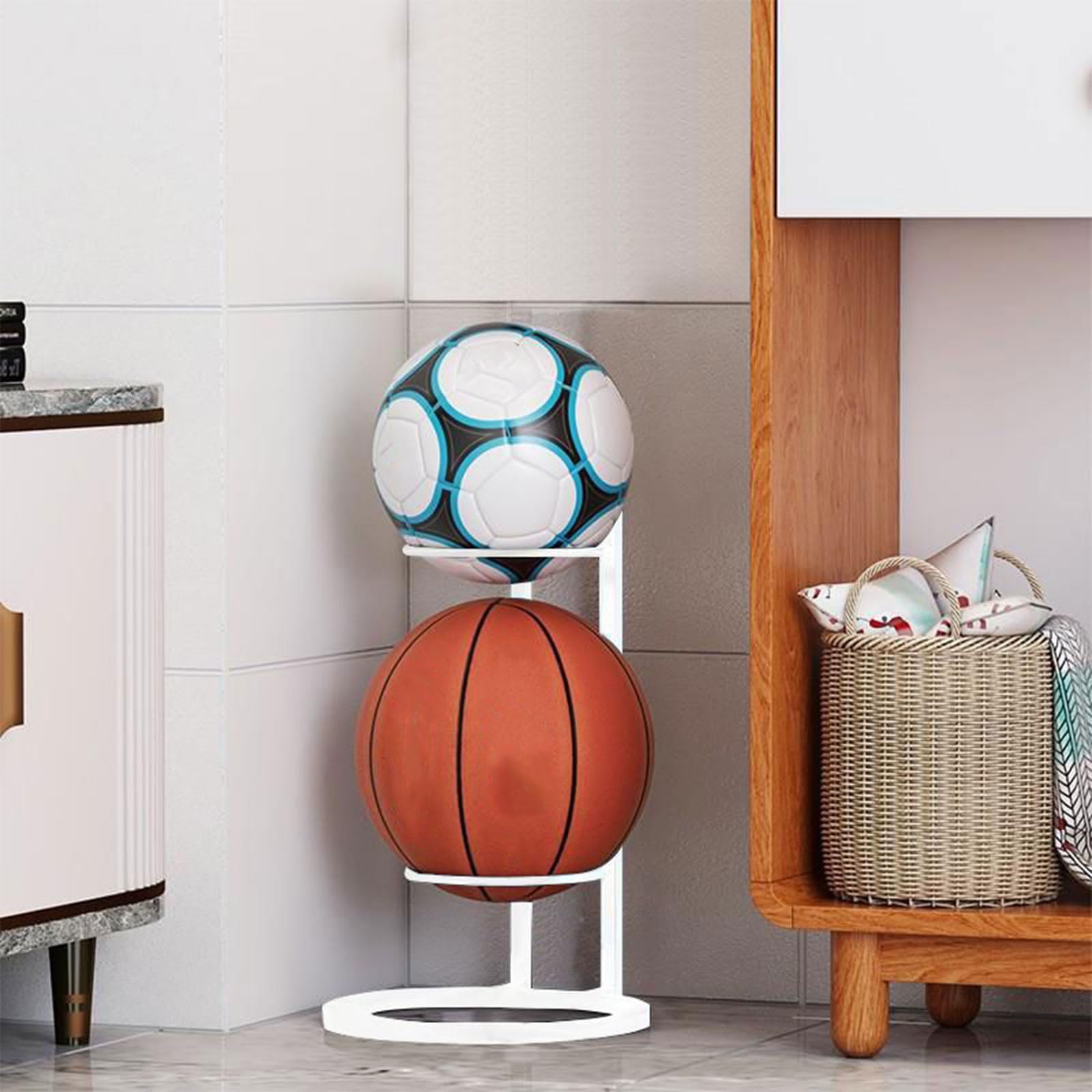 Espositore verticale in metallo per pallacanestro, calcio, pallavolo, attrezzature sportive salvaspazio con ruote