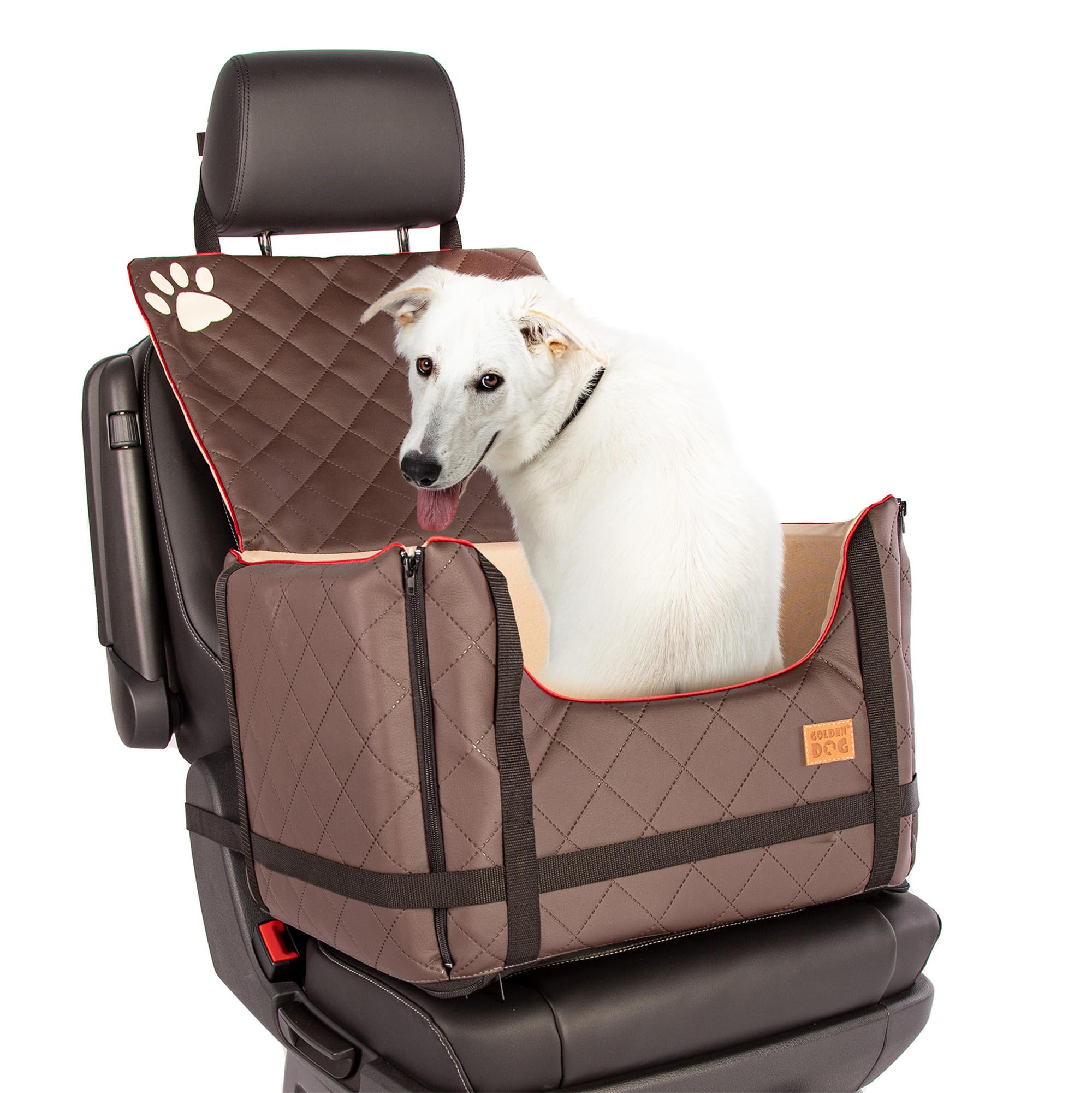 Golden Dog - Transportín para perro con cinturón de seguridad M-52 x 44 x 33 cm - Piel sintética para asiento de coche para perro, resistente al agua, asiento del copiloto, caja para perros, plegable,
