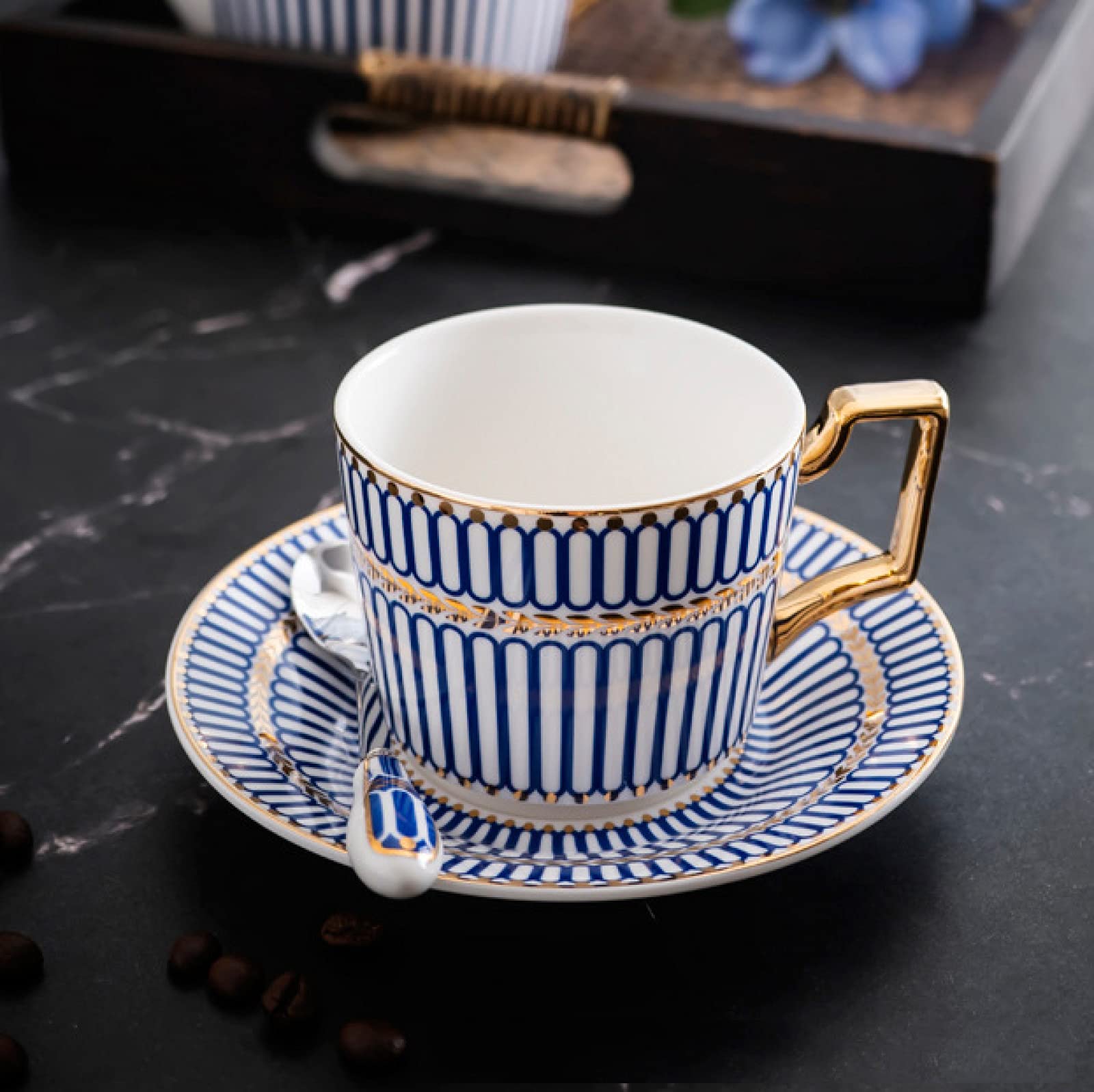 zestaw do herbaty, 15 szt. Porcelanowy zestaw do herbaty Zestawy filiżanek i spodków kawy Zestaw Serwis herbaciany Niebieskie paski Czajniczek, Cukiernica, Dzbanek śmietanki