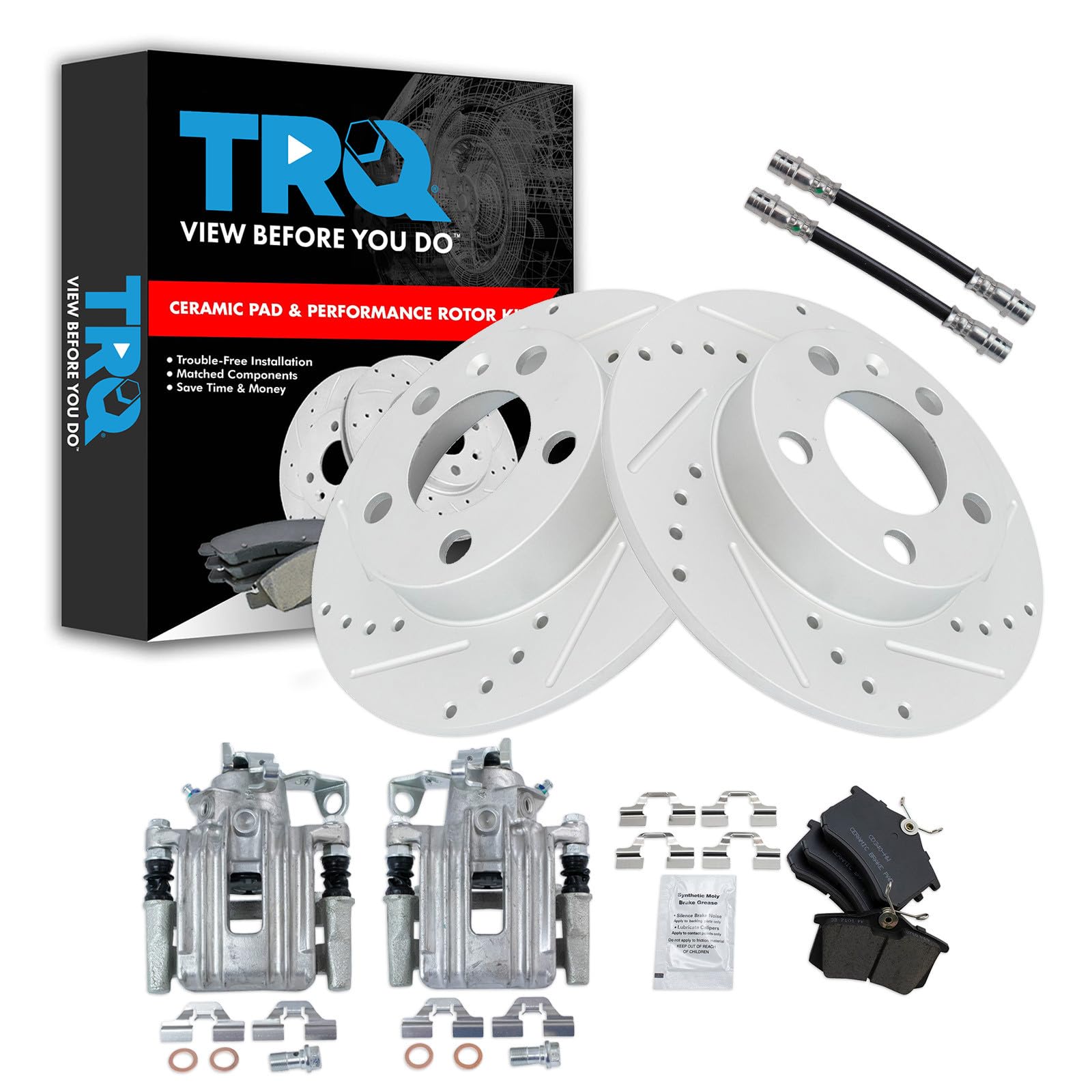 TRQ Performance Rear Brake Pad and Rotor Set Ceramic Slotted Drilled G Coated Rotors Calipers Compatible with 1999 Volkswagen Jetta