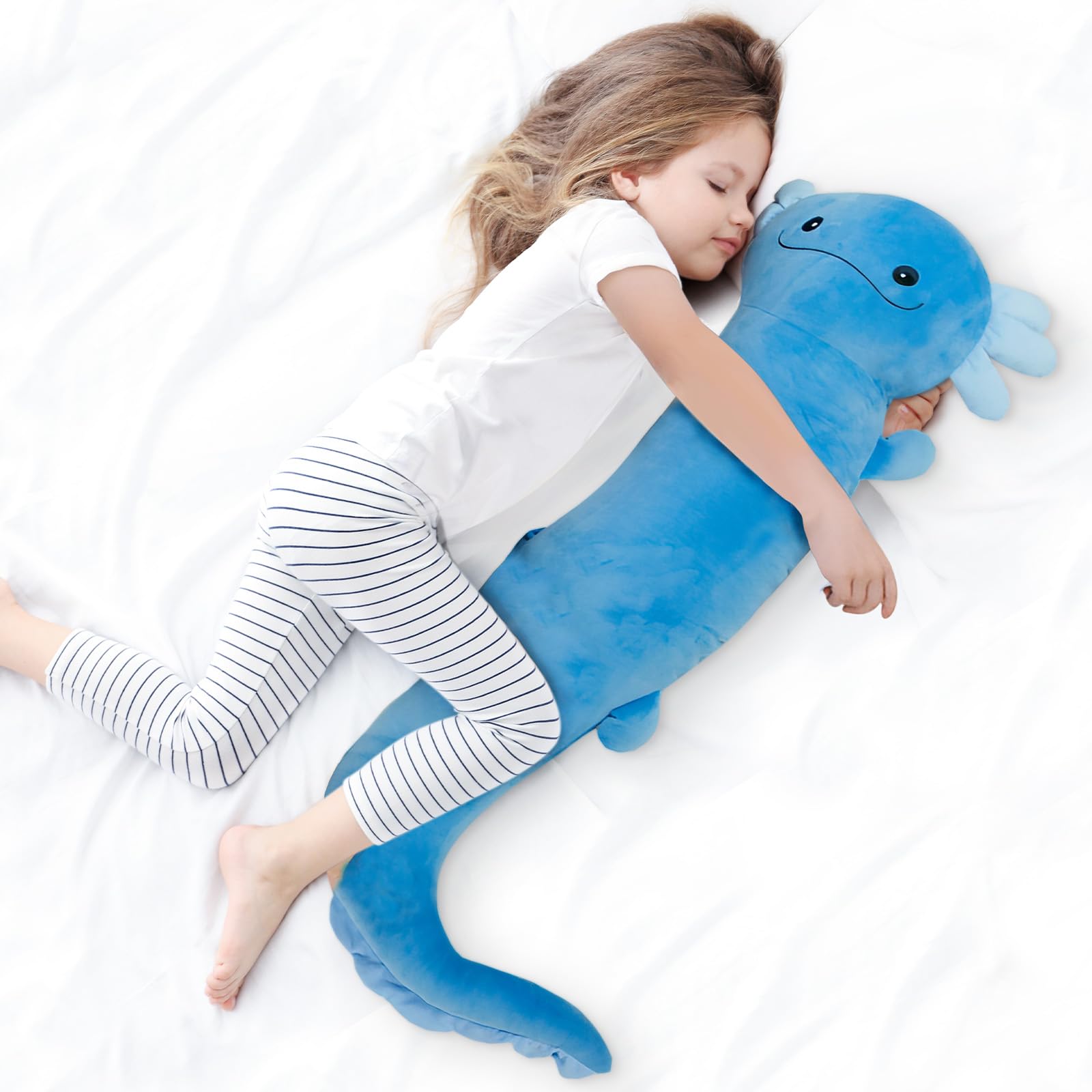 Tianmihou 36 Inch Giant Axolotl Plush Pillow, Big Blue Axolotl Stuffed Animal, Glow in The Dark Salamander Plushie, Soft Large Axolotl Body Pillow, Cute Birthday Gift for Kids Adults