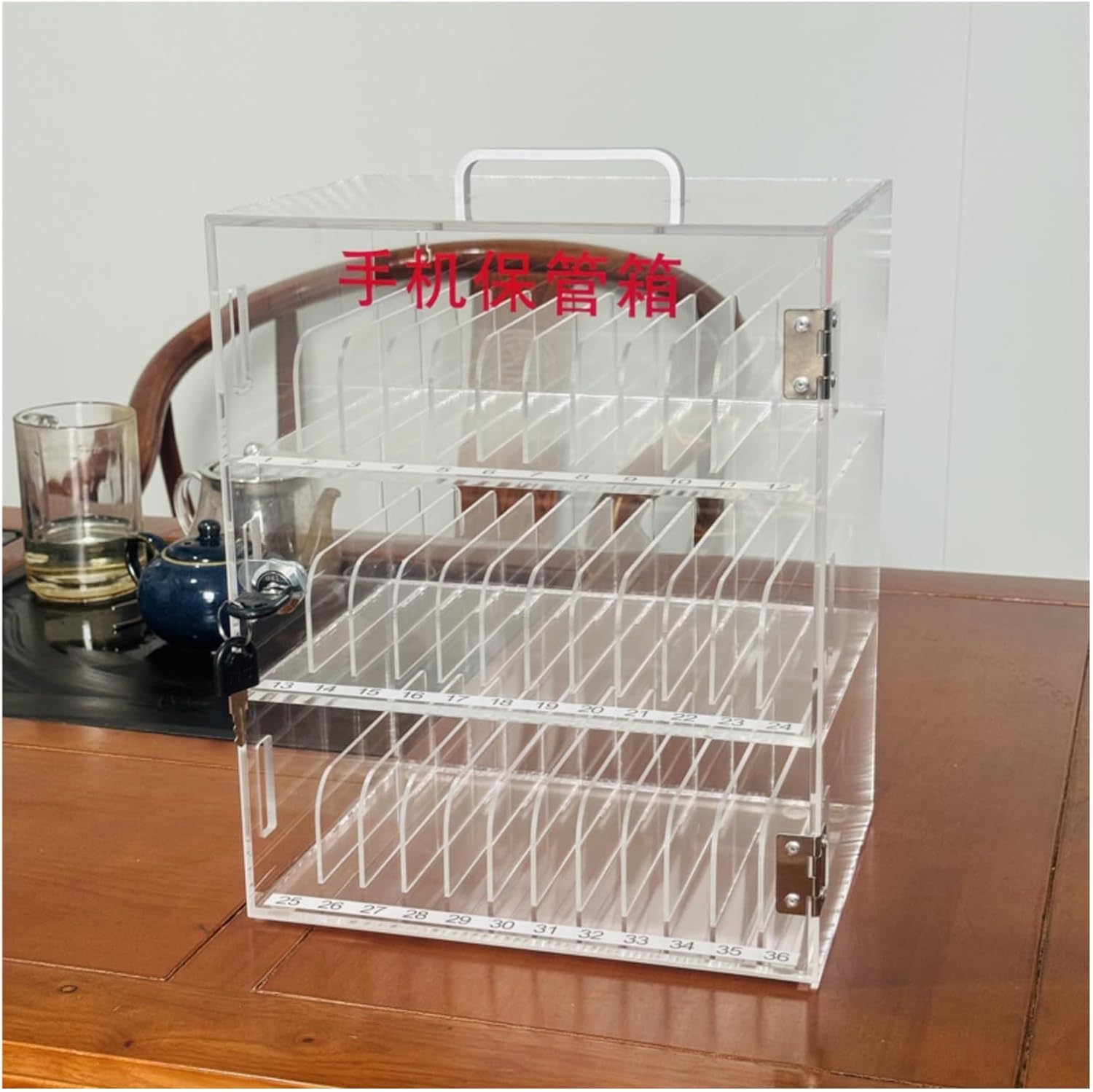 Mobile Phone Storage Box Transparent Acrylic Mobile Phone Security Locker with Key,Aluminum Alloy Cell Phone Storage Locker Box with Lock, 36 Grid Locking Cabinet for Classroom, Office & SCH