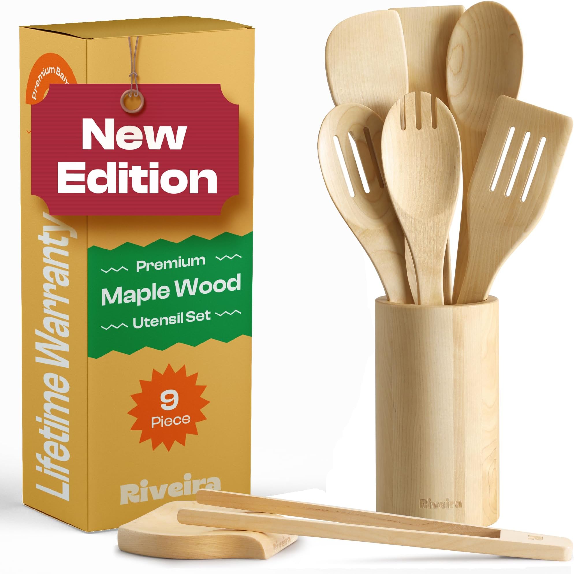 Riveira Maple Wooden Spoons for Cooking Set of 9 – Natural Maple Wooden Cooking Utensils, Wooden Spatula, Wooden Spoon - Premium Quality Utensil Set for Non-Toxic Cooking
