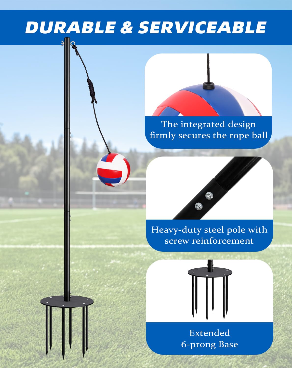 Arejonner Tetherball Set with Adjustable Pole (Up to 8ft), Integrated Built-in Rope Design Ball Professional Outdoor Game for Backyard, Lawn, Includes Ball, Rope, Pole & Base for Kids, Adults