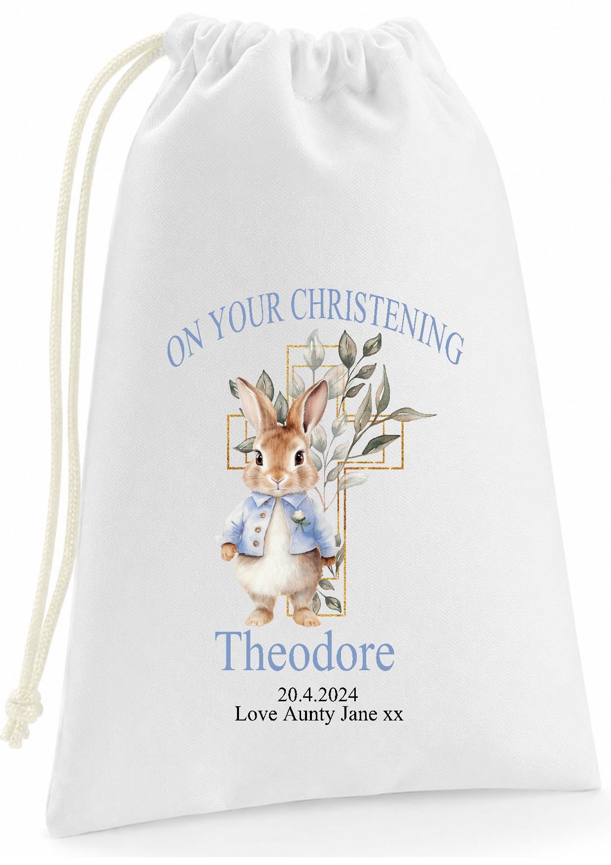 Personalised Boys Christening Drawstring Bag, Bunny Baptism Pouch with Name and Date, Religious Keepsake Gift