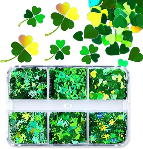 6 rejillas, arte de uñas del día de San Patricio, lentejuelas 3D, tréboles, diseño de uñas holográfico con purpurina para mujer, decoración de uñas