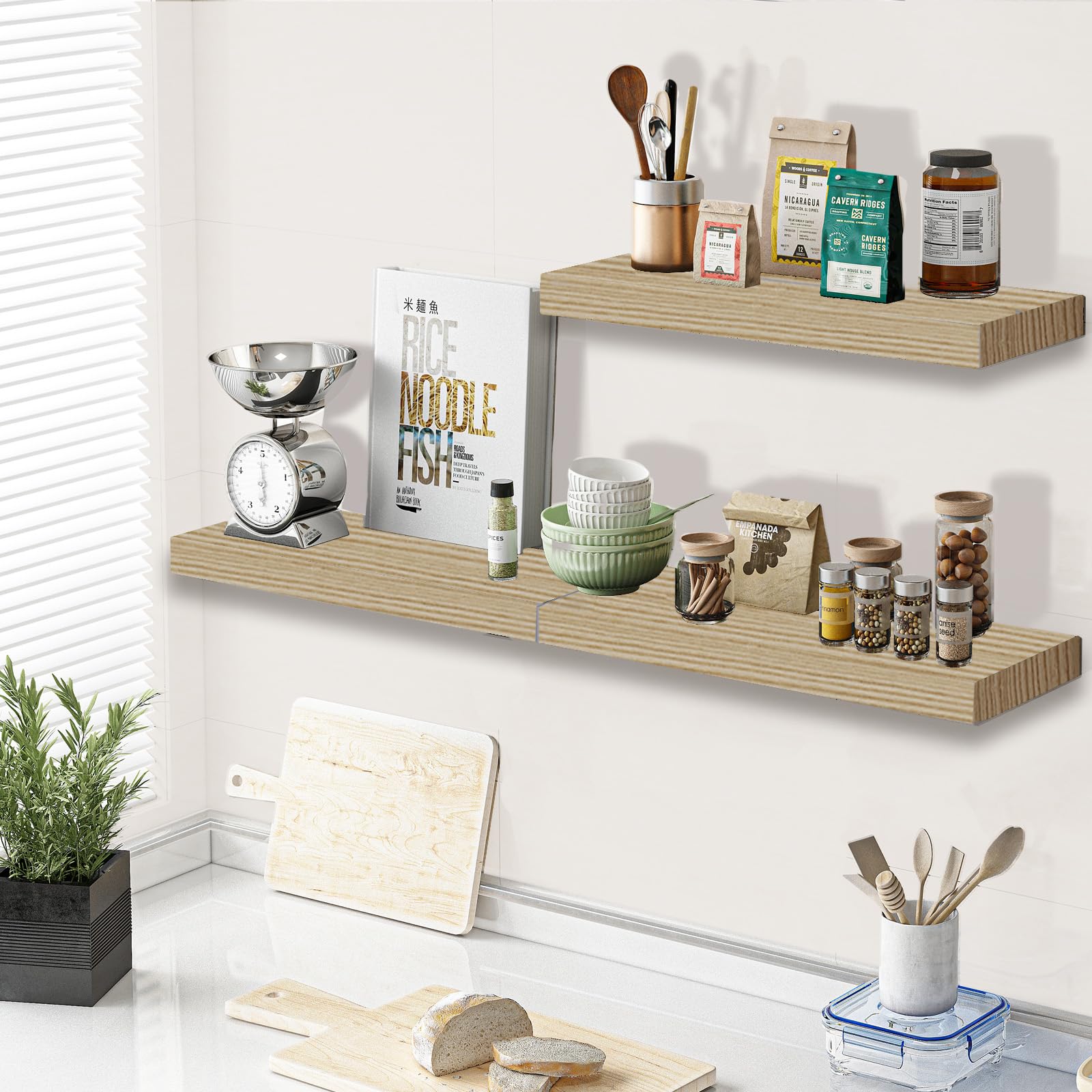 Fixwal 15.8in Floating Shelves, Rustic Wood Shelves for Wall Storage with Invisible Brackets, Farmhouse Wall Decor for Bathroom, Living Room,Bedroom and Kitchen, Set of 3(Carbonized Black)