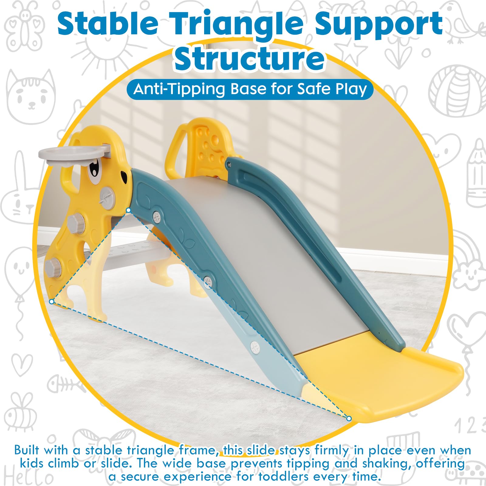 Tobogán Infantil 3 En 1 Tobogán para Niños De 3 Años con Escalera Antideslizante, Canasta De Baloncesto Y Pelota, Bordes Suaves Y Redondeados para Interior Y Jardín, Diseño De Perro, Color Amarillo