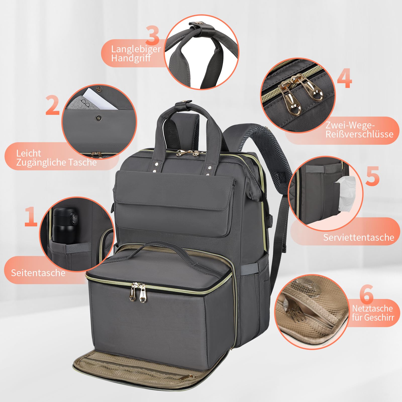 BERTASCHE Zaino per il pranzo, per laptop da donna da 15,6 pollici, con borsa termica isolata, zaino da lavoro 2 in 1, per donne, lavoro, lavoro, viaggi, insegnanti, scuola, università, grigio chiaro