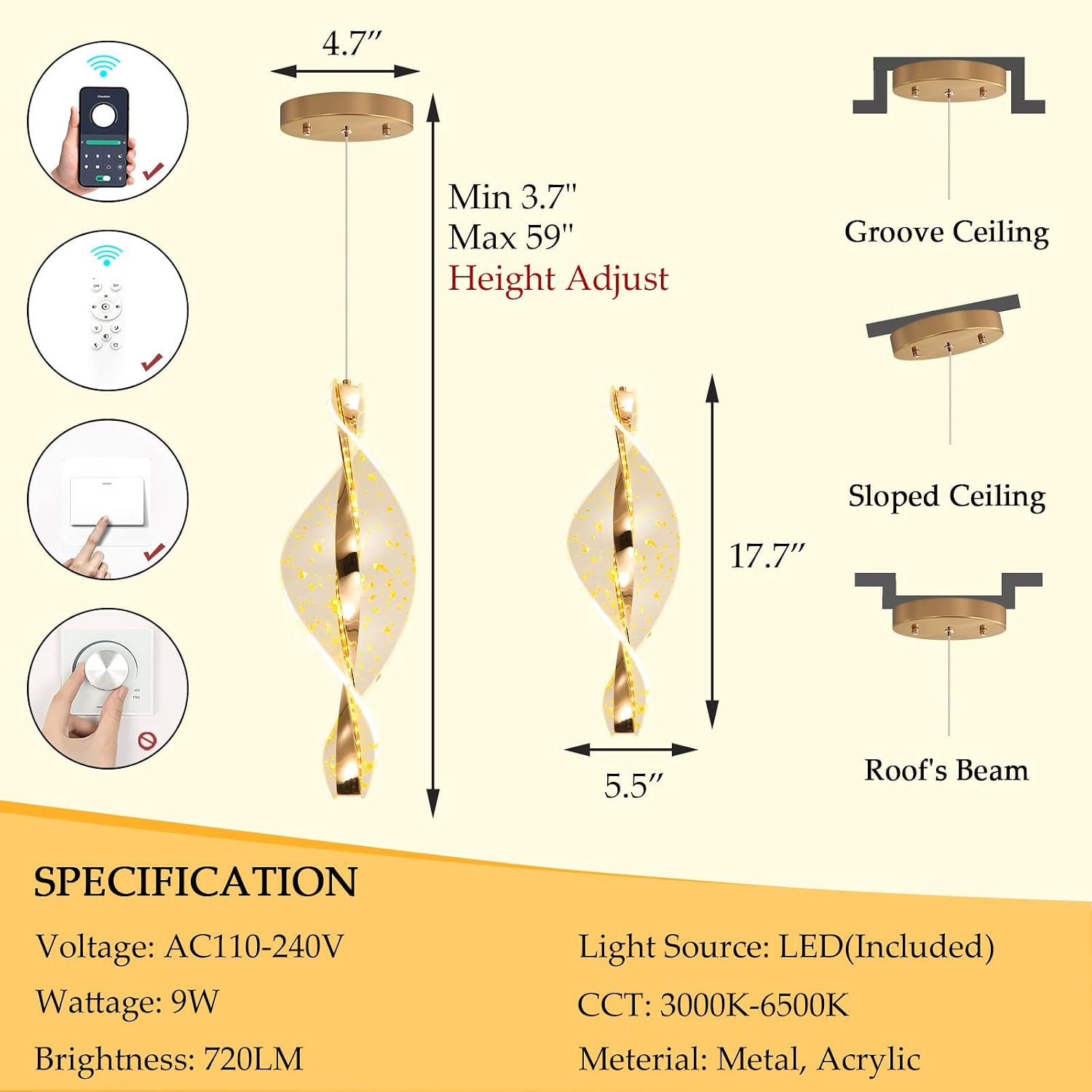 1 Lights Glam Chandelier Modern Pendant Lighting LED Dimmable Acrylic Chandelier for Kitchen Island Dining Room Bedroom Living Room Gold