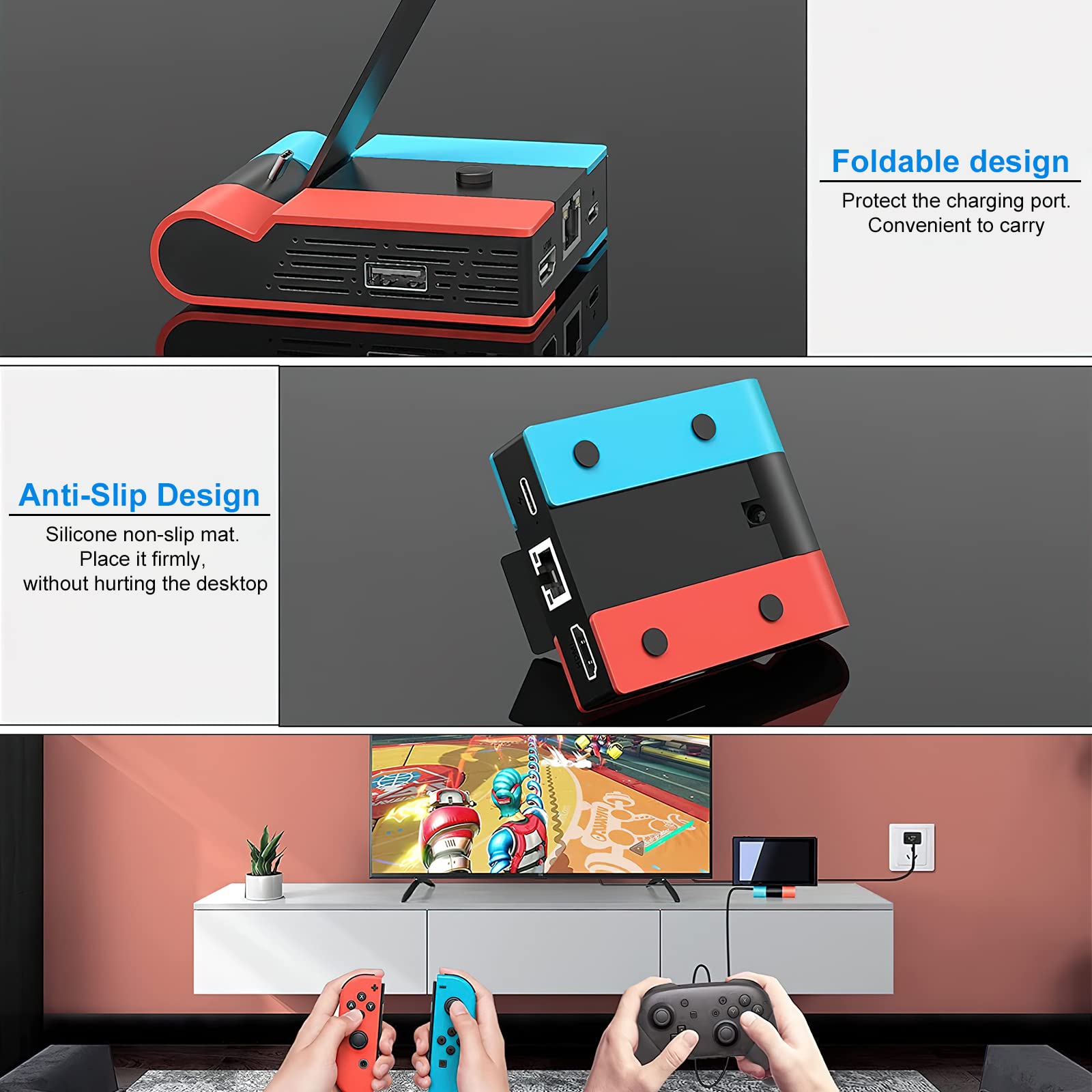 Switch TV Dock, Station d'accueil Switch Pliable pour NS Switch/OLED, Station de Recharge Portative Type C vers HDMI Switch Dock Set avec HDMI Ethernet RJ45 1000 Mbit et 2 Port USB 2.0