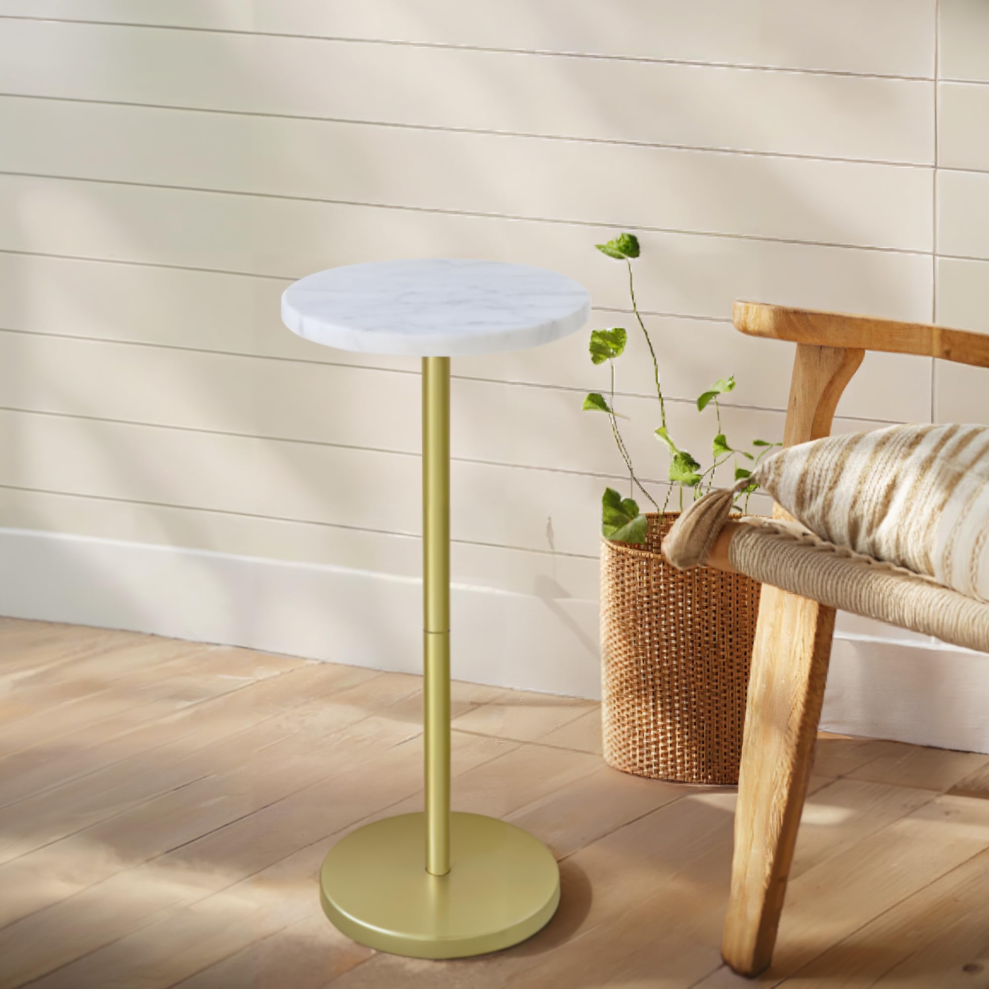 Mesa de bebida de mármol natural, mesa de pedestal, mesa auxiliar redonda pequeña, mesa de Martini para sala de estar, baño, espacio pequeño (blanco)