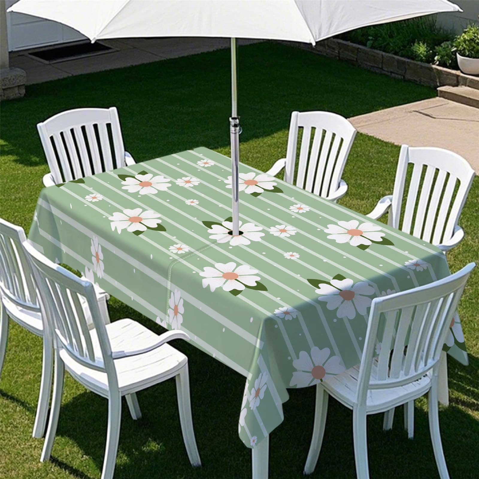 Odot Tablecloths Rectangular Wipe Clean with Umbrella Parasol Hole and Zipper, Table Cover Waterproof Garden Outdoor Table Cloth for Garden, BBQ, Party, 3D Retro Flowers (White,259x152cm)