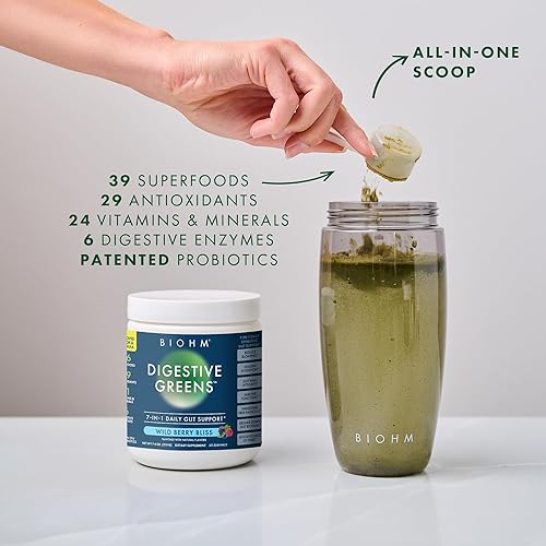 Miniatura 3 de BIOHM Verdes digestivos esenciales, polvo de superalimento verde con antioxidantes, vitaminas y probióticos, suplemento de digestión con enzimas,