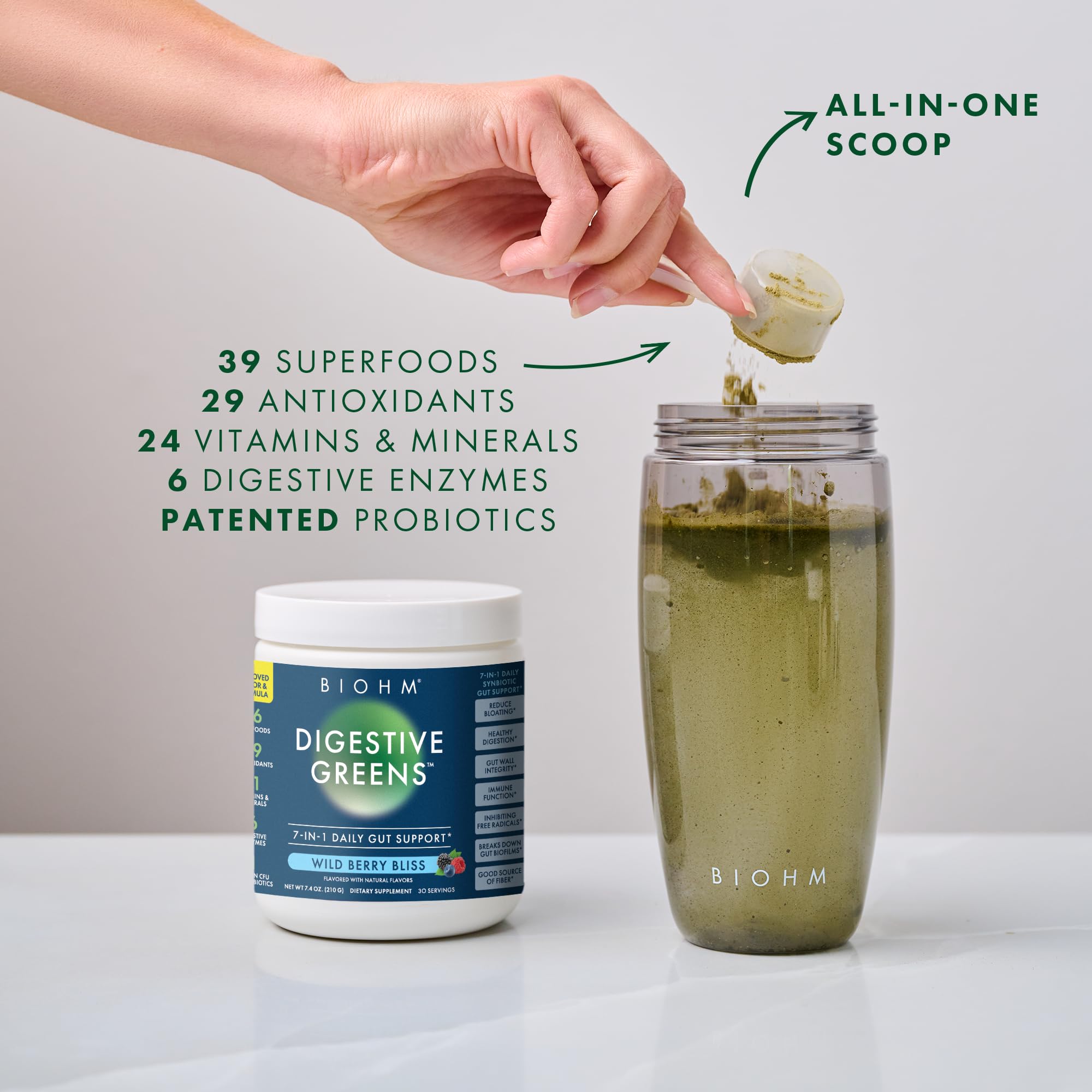 BIOHM Digestive Greens, Green Superfood Powder (7.4 Oz, 30 Servings) Immune & Gut Health Support with Antioxidants, Vitamins, Probiotics & Enzymes, Good Source of Fiber, Berry Flavor — Amazon image 5