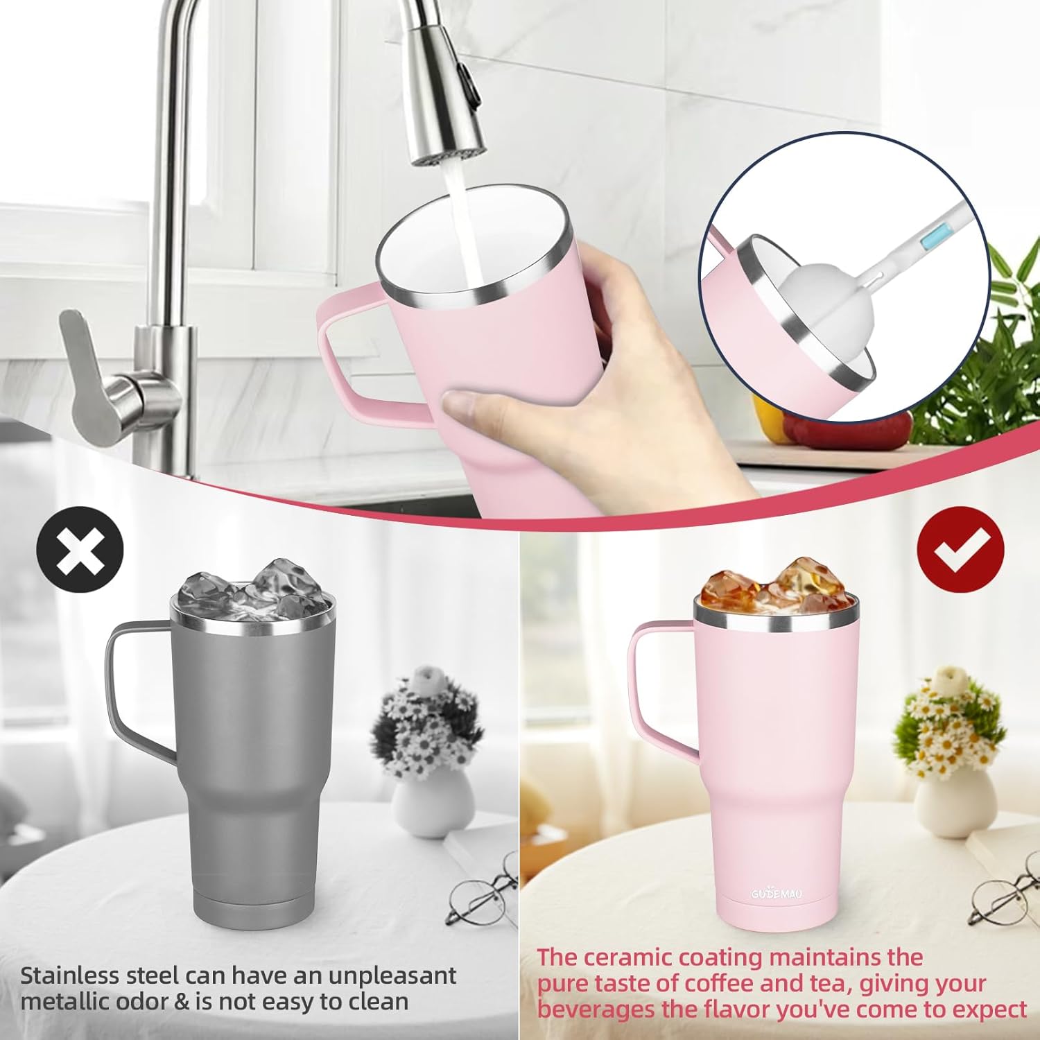 20 oz Insulated Coffee Mug with Ceramic Coating, Stainless Steel Travel Mug Tumbler with Handle Lid and Straw, Double Wall Leak-Proof Coffee Travel Mug Keeps Drink Hot and Cold (Pink) - Image 5