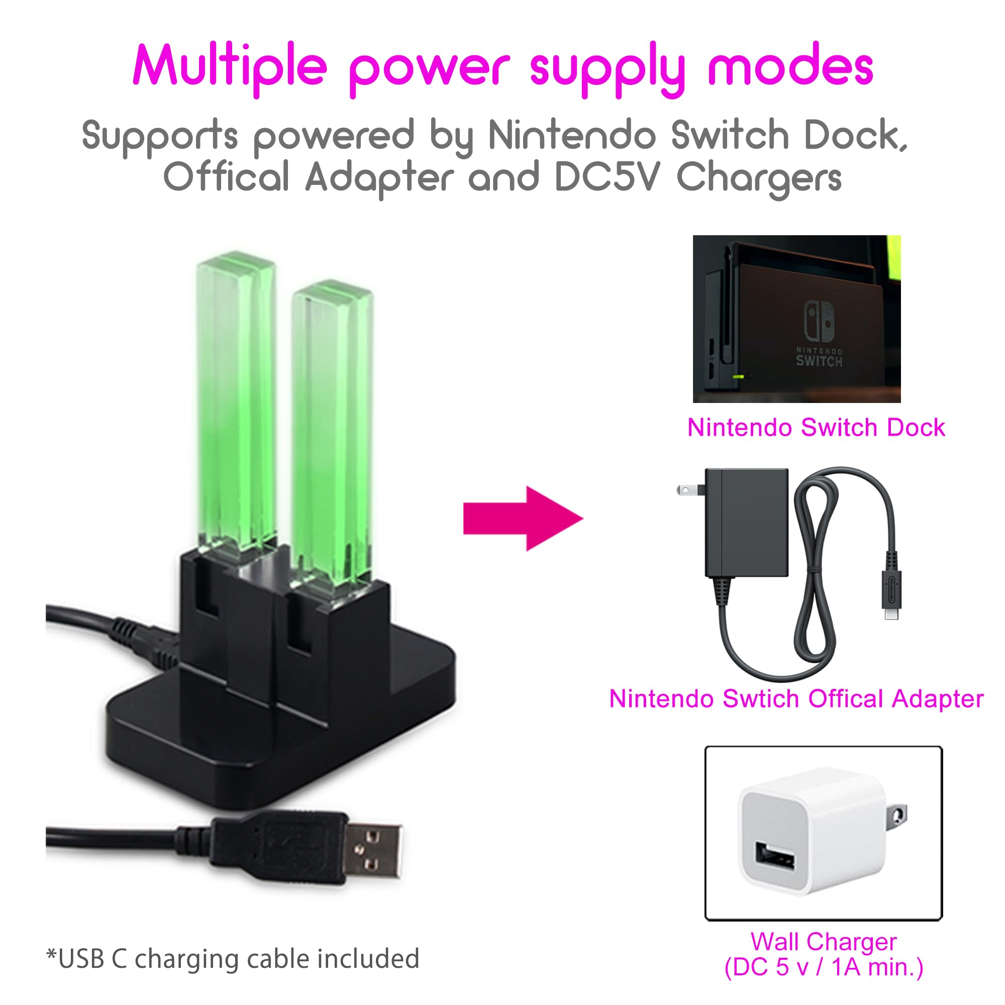 INNVO Power Dock Chargeur Joycon Switch Station Dock de Chargement Chargez 4 Joy Con Manettes en Même Temps Câble de Chargement USB C Inclus Noir