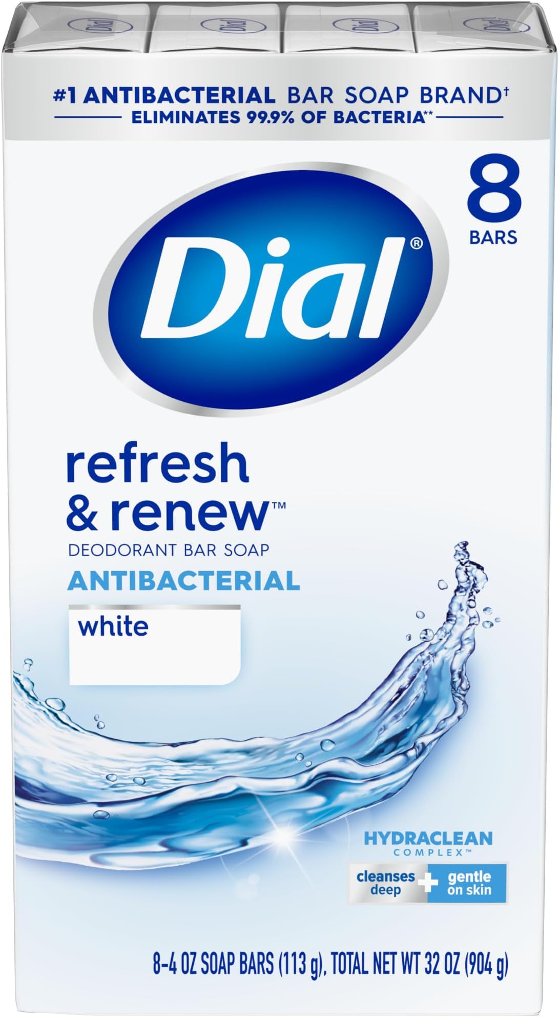 Antibacterial Bar Soap, Refresh & Renew, White, 4 oz, 8 Bars