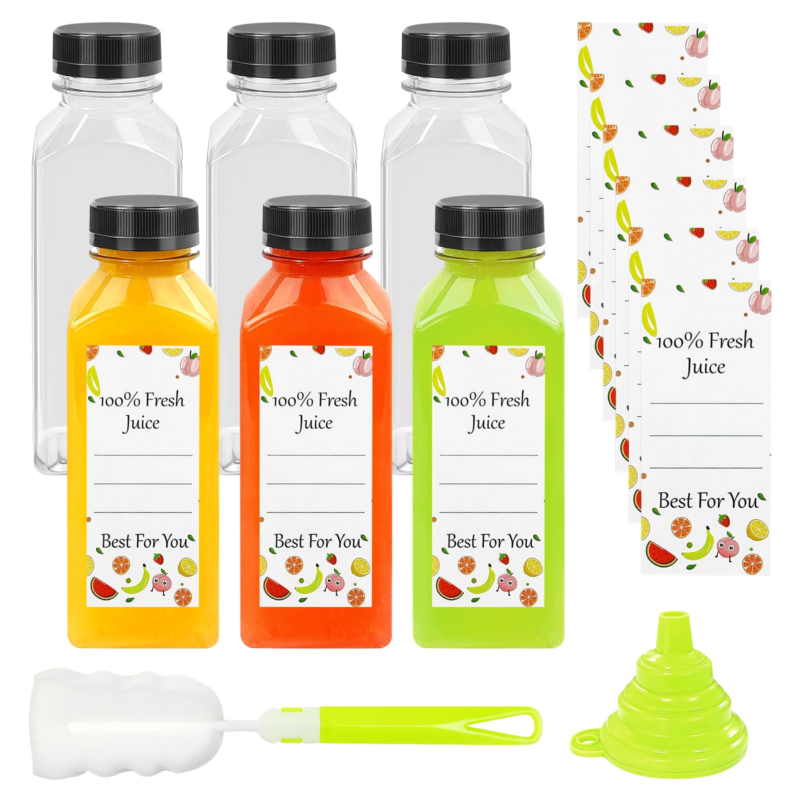 JOBVERT 12OZ Plastic Juice Bottles with Caps,6pcs Clear Water Bottle with Labels and Brush,Reusable Leak Proof Sealing Cover for Juice, Milkshake,